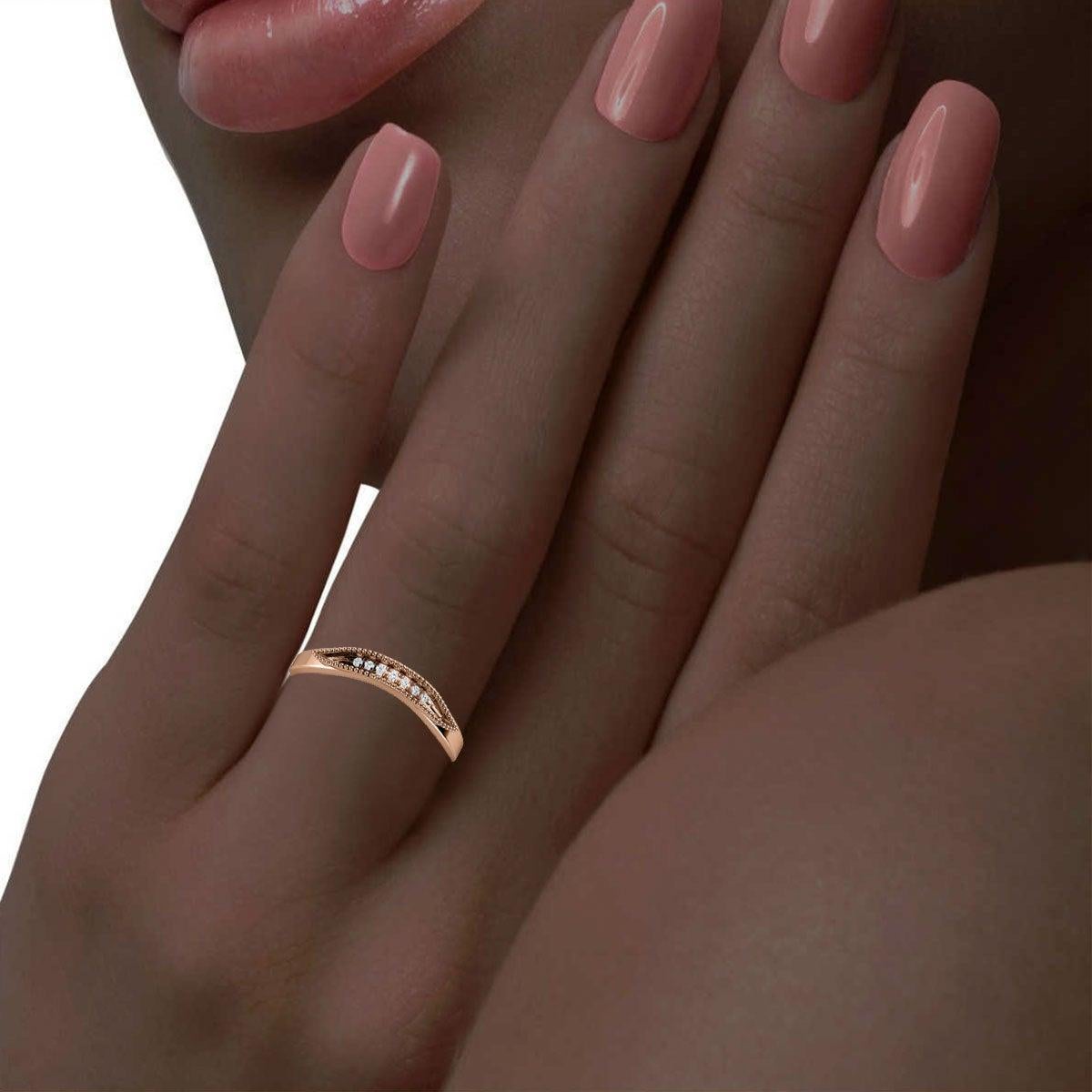 For Sale:  18 Karat Rose Gold Lille Curved Milgrain Diamond Ring 4