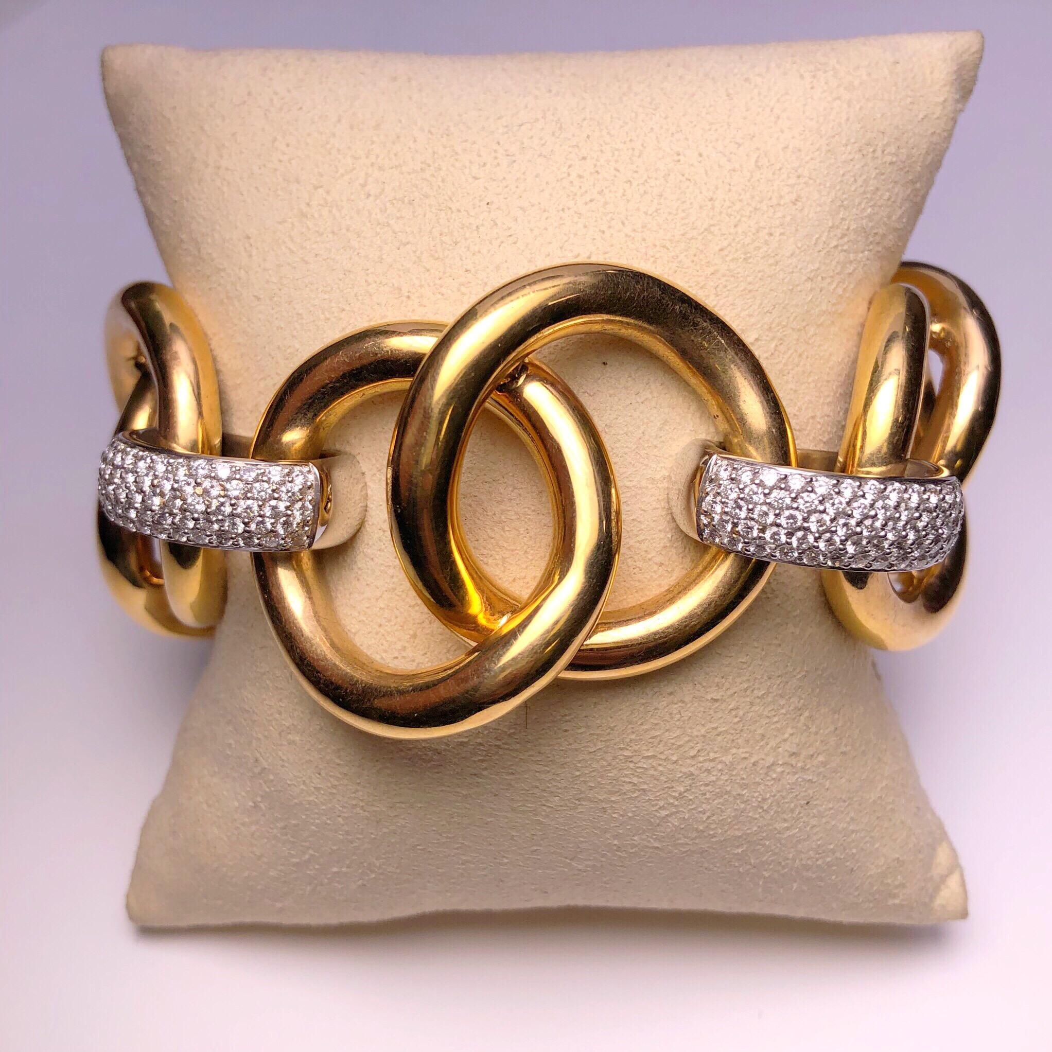 Round Cut 18 Karat Rose Gold Link Bracelet with 3.65 Carat Diamond Sections For Sale