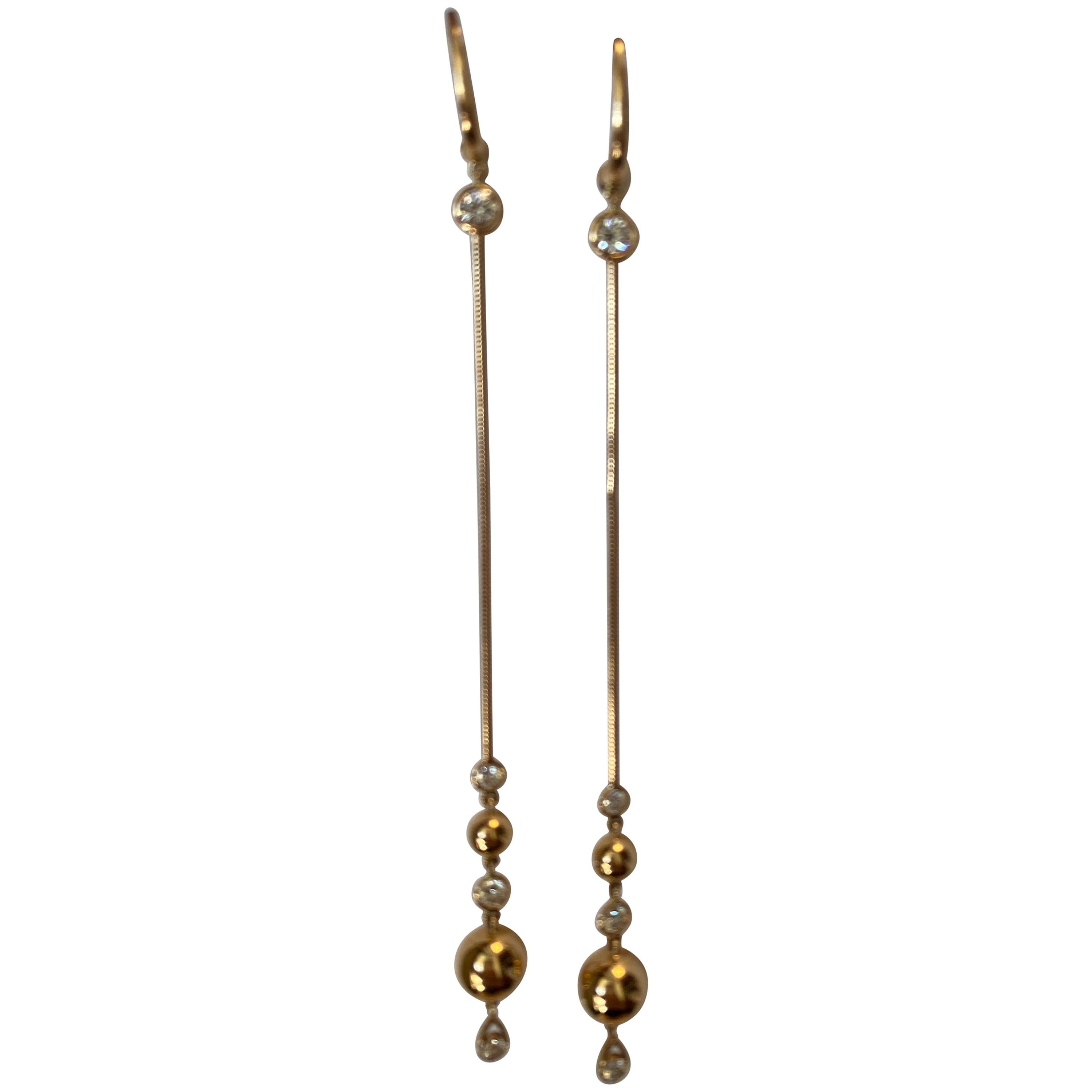 18 Karat Rose Gold Long Drop Diamond Earrings For Sale