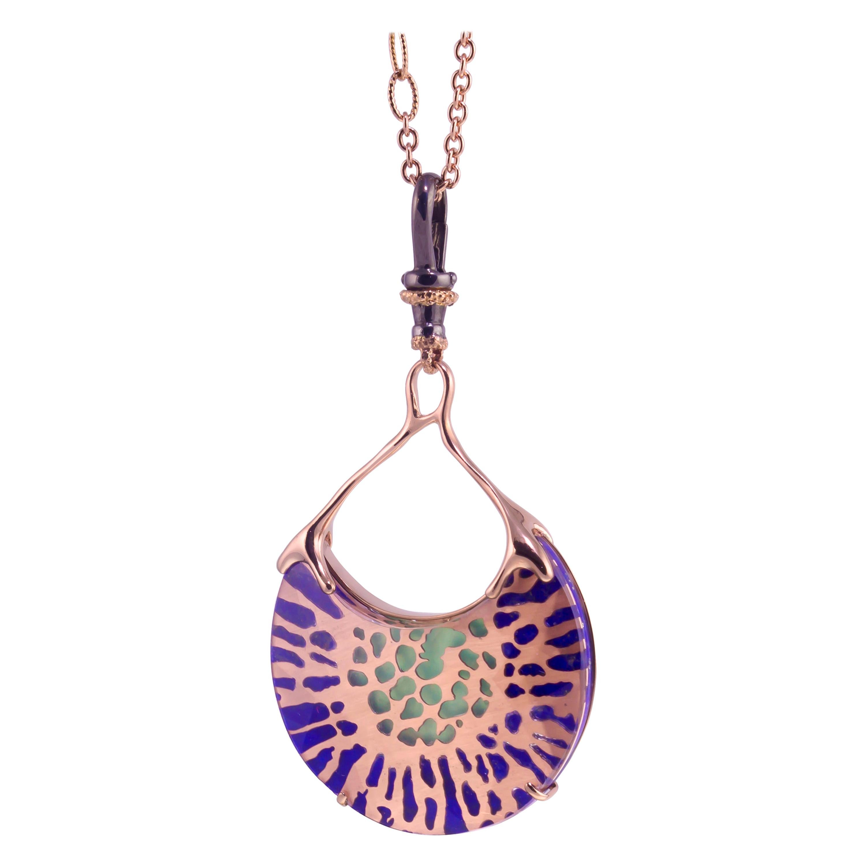 18 Karat Rose Gold, "luce stone", Lapis, Mother of Pearl, Green Agate, Necklace For Sale