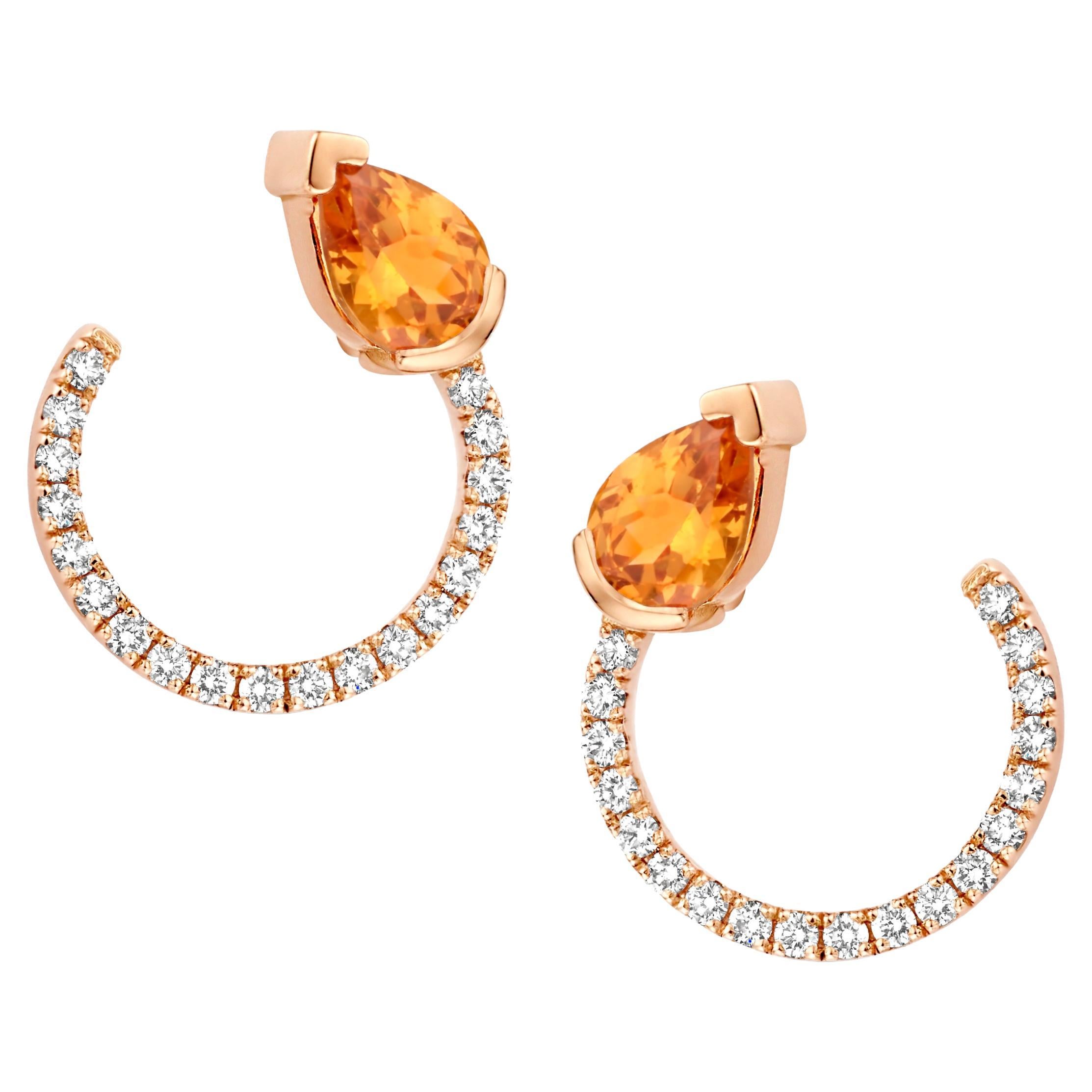 18 Karat Rose Gold Mandarin Garnet Diamond Curved Earrings For Sale