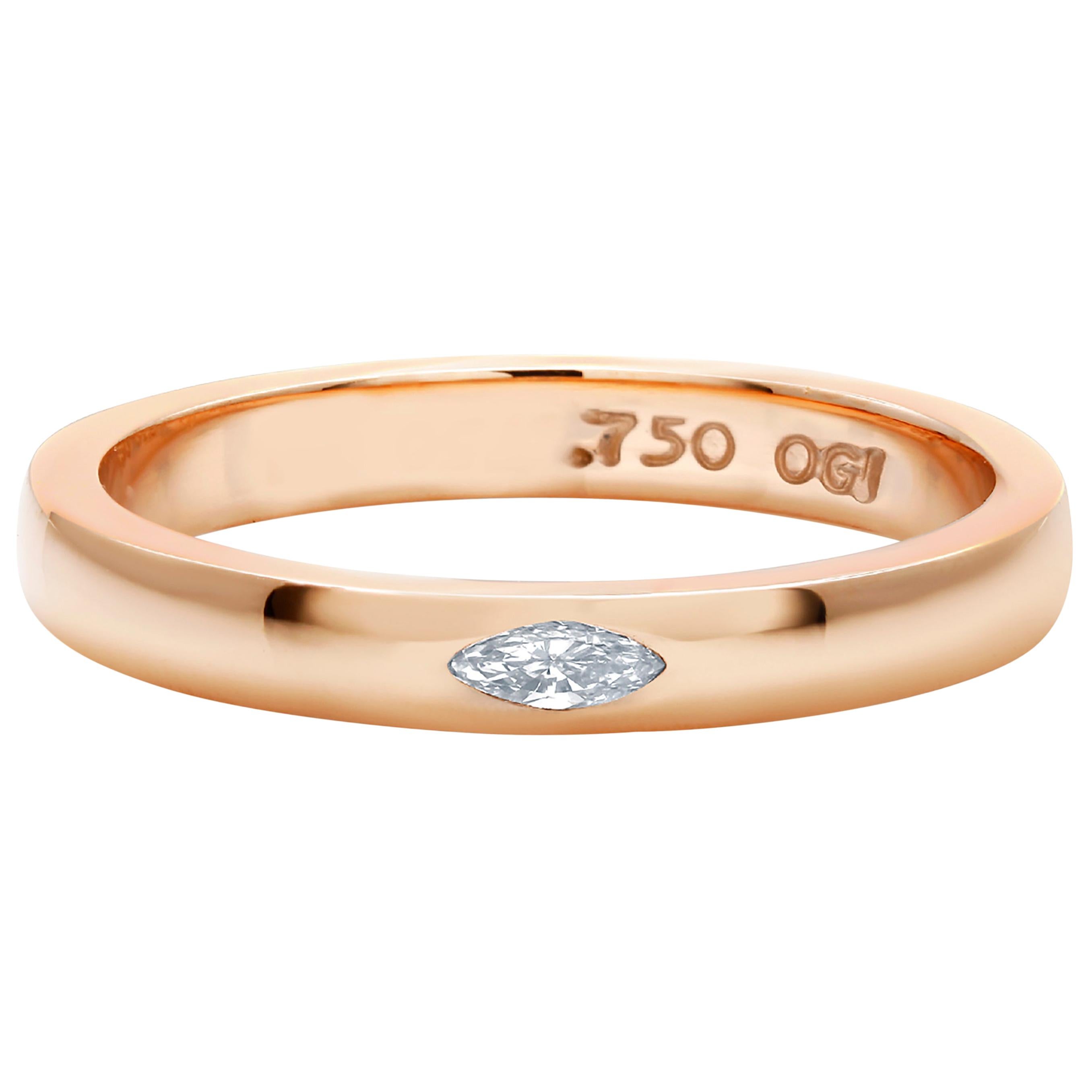 Eighteen karats rose gold ring
Marquise diamond weighing 0.10 carat                                                                     
Ring size 6 In Stock
The ring can be resized 
Bandwidth 2.75 millimeter
Semi Matt finish 
New Ring
Handmade in