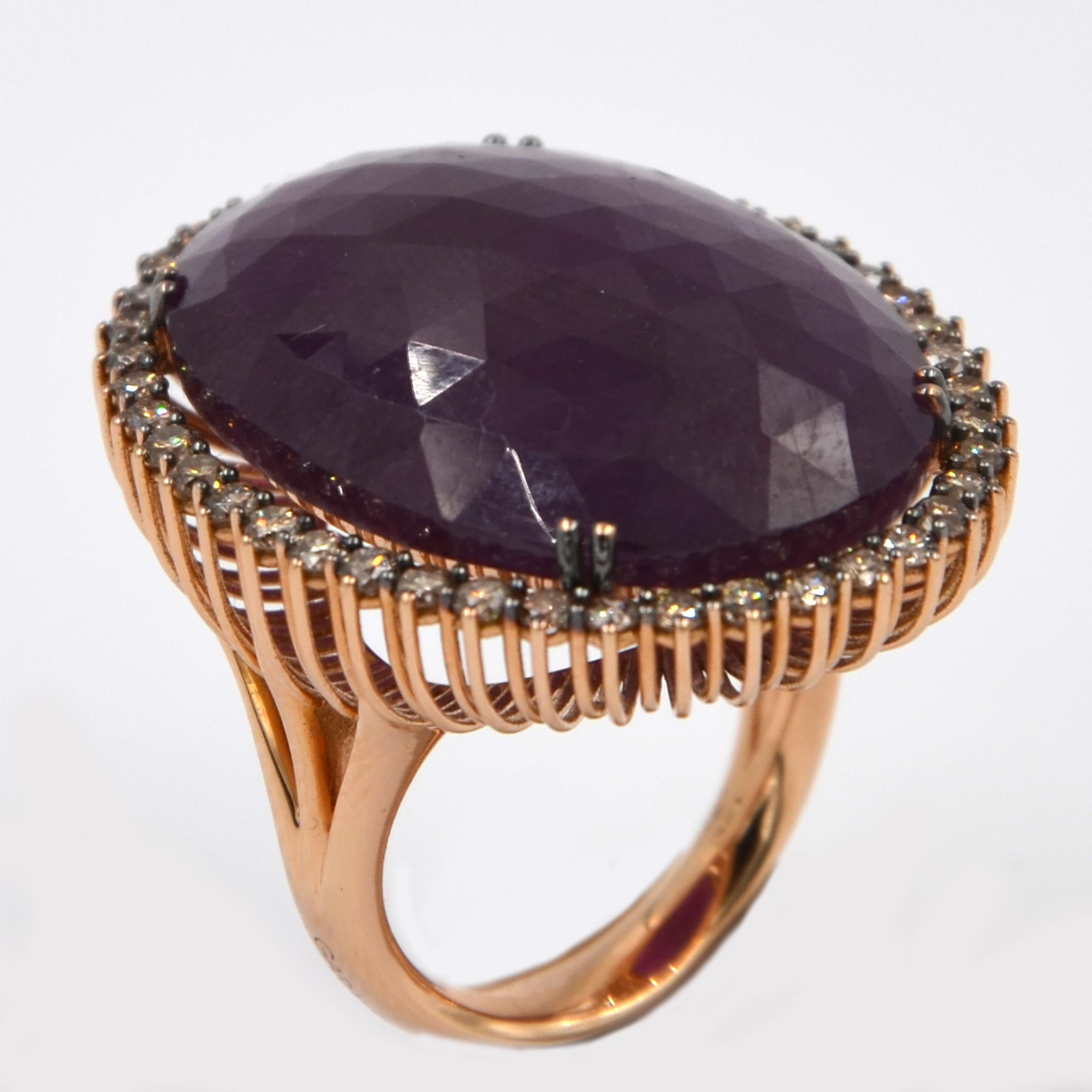 18 Karat Rose Gold Massive Ruby Brown Diamonds Garavelli Large Ring For Sale 1