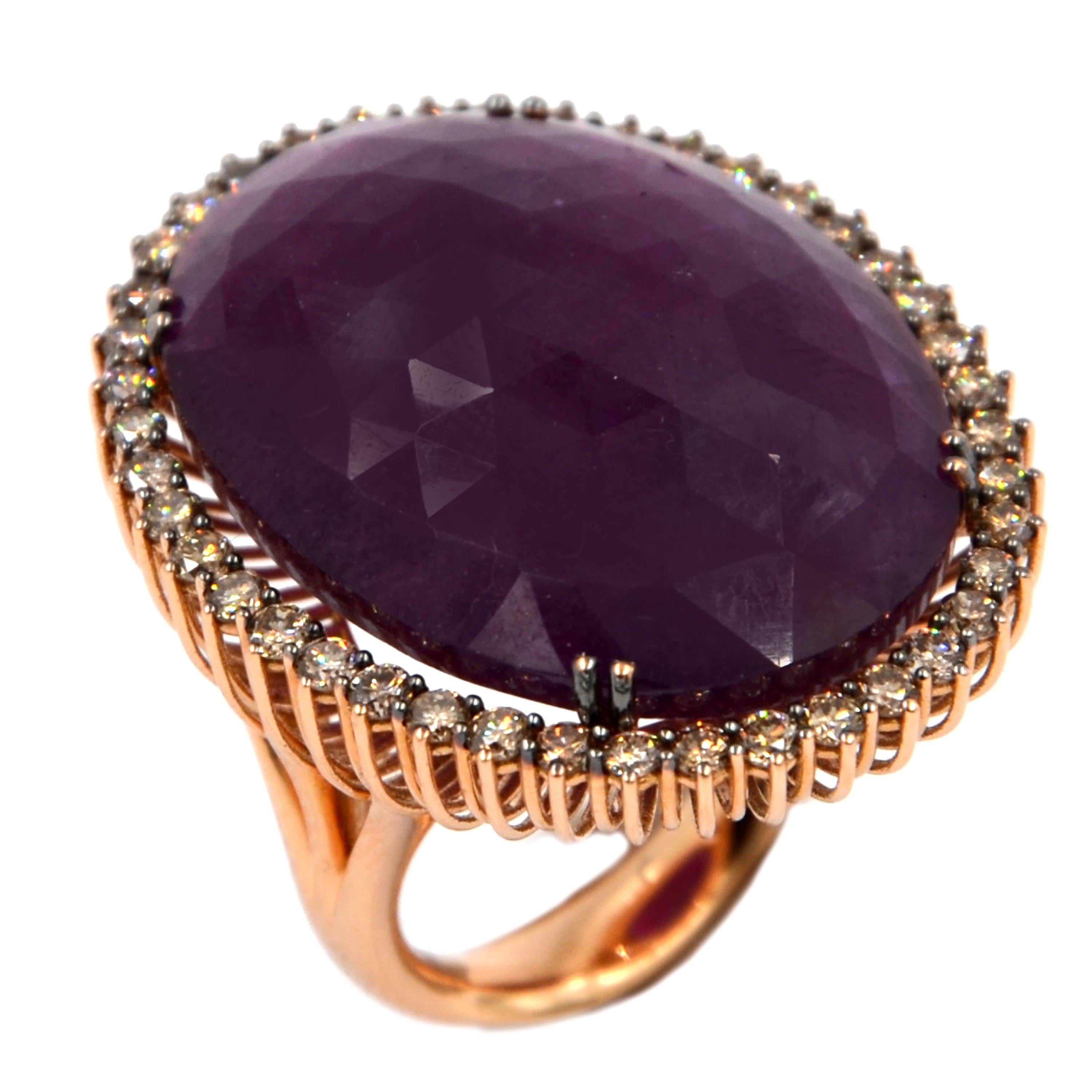 18 Karat Rose Gold Massive Ruby Brown Diamonds Garavelli Large Ring For Sale 2