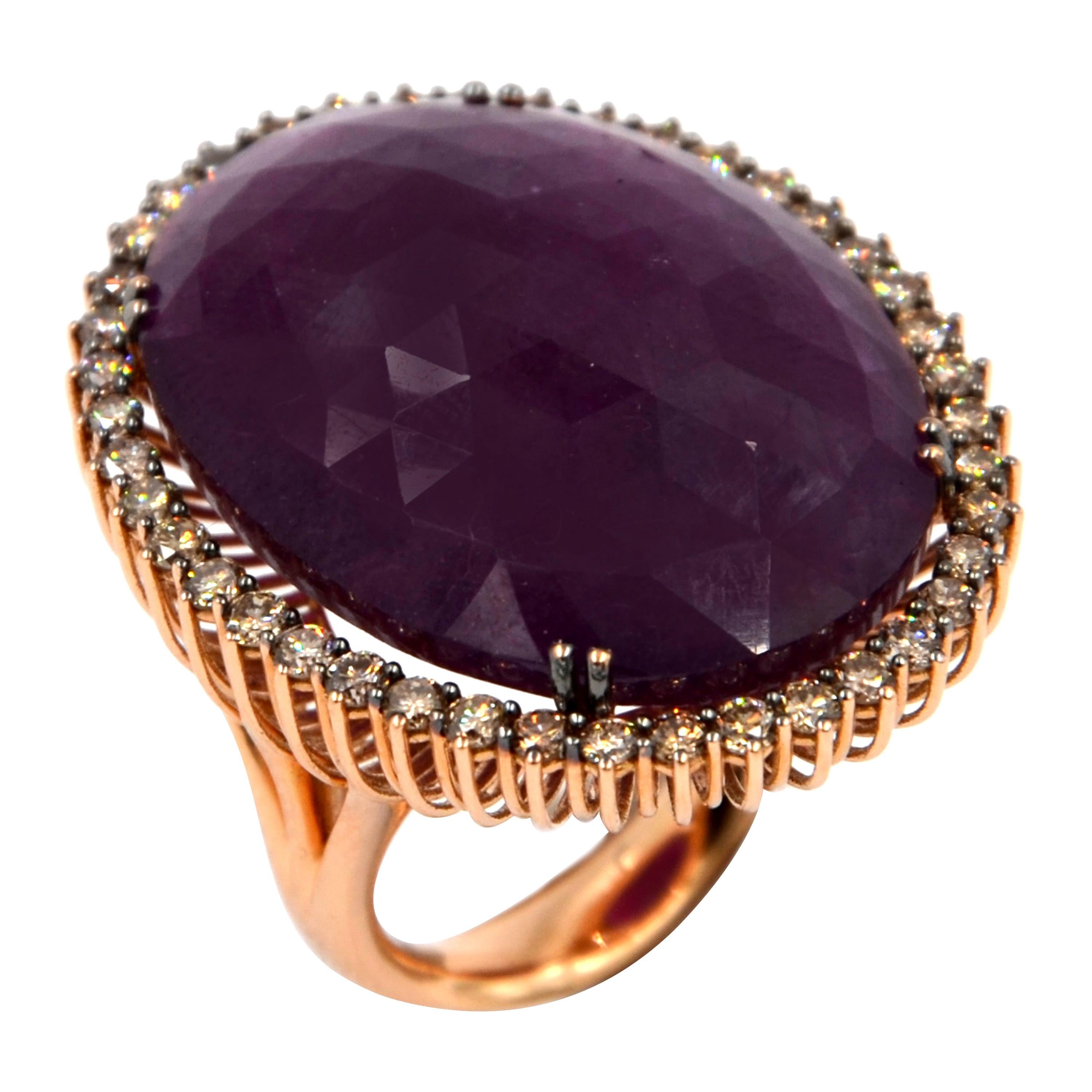 18 Karat Rose Gold Massive Ruby Brown Diamonds Garavelli Large Ring For Sale