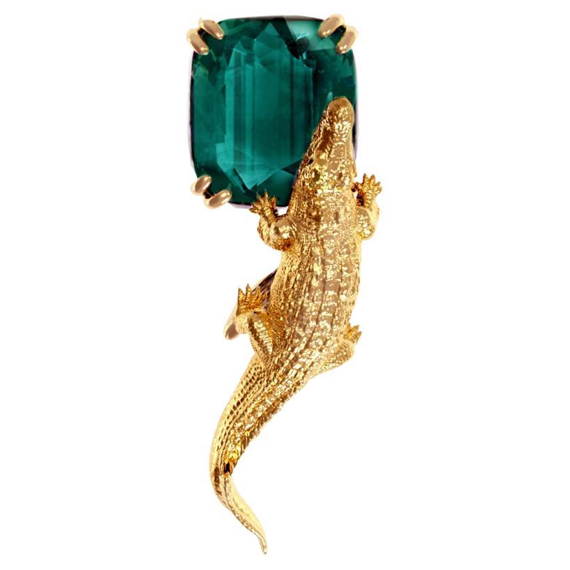Rose Gold Mesopotamian Contemporary Brooch with Indicolite Tourmaline For Sale