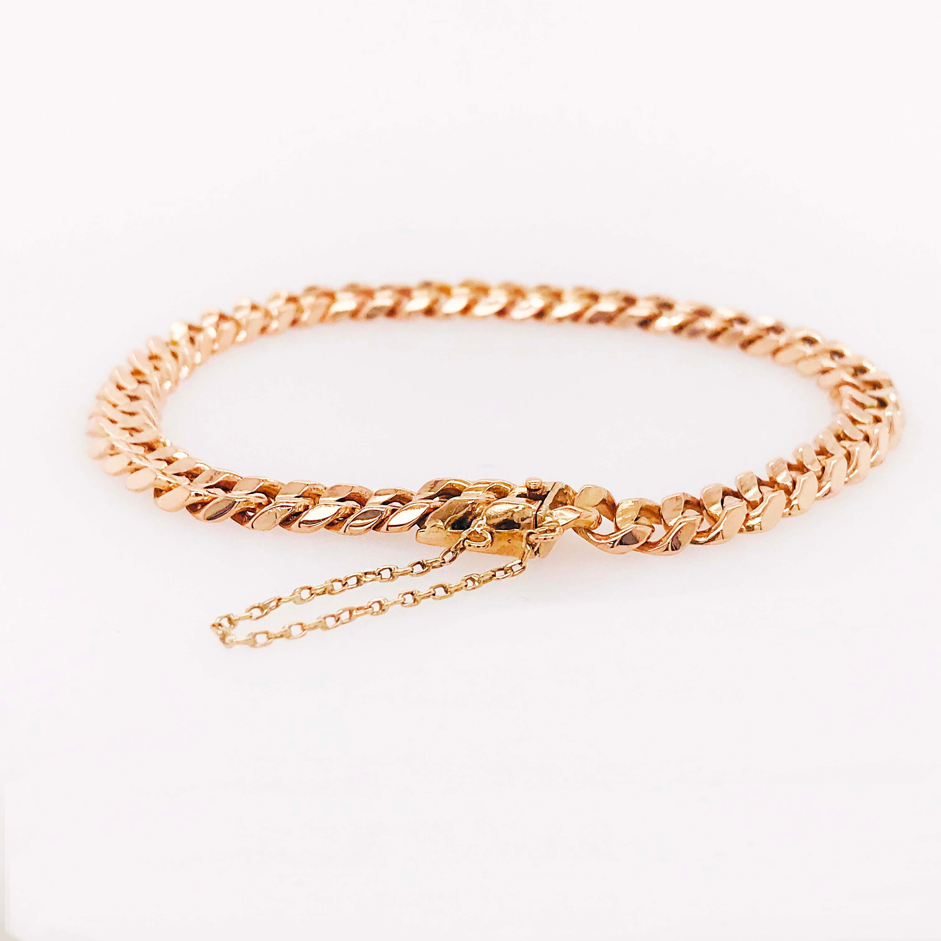 Women's 18 Karat Rose Gold Miami Cuban Chain Bracelet, Solid 18 Karat Gold Link Bracelet