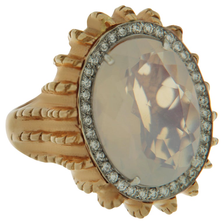Milky Quartz Diamond Rose Gold Statement Ring For Sale at 1stDibs