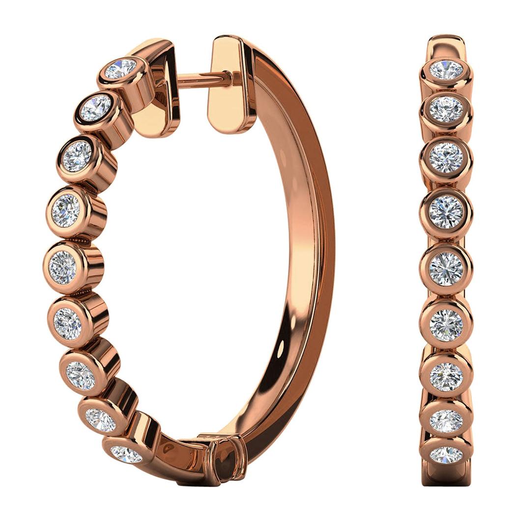 18 Karat Rose Gold Mini Bezel Hoop Diamond Earrings '3/4 Carat' For Sale