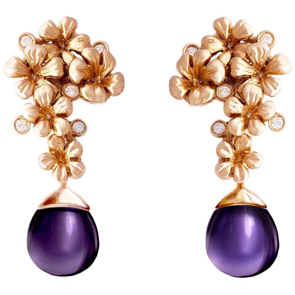 14 Karat Rose Gold Modern Style Plum Blossom Cocktail Earrings with Diamonds For Sale