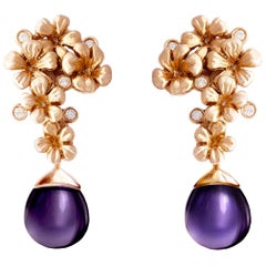 Boucles d'oreilles cocktail fleurs prunes de style moderne en or rose 18 carats avec diamants