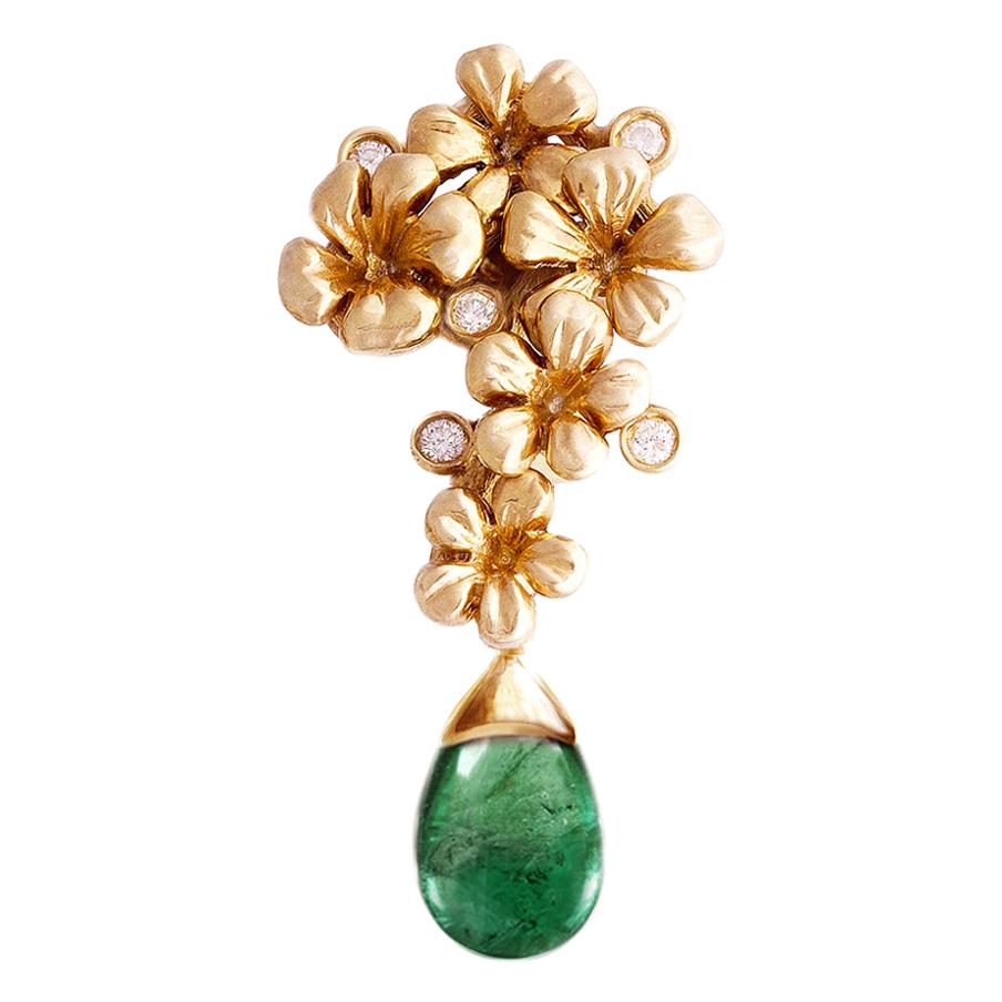 Eighteen Karat Rose Gold Modern Style Brooch with Natural Diamonds and Emerald