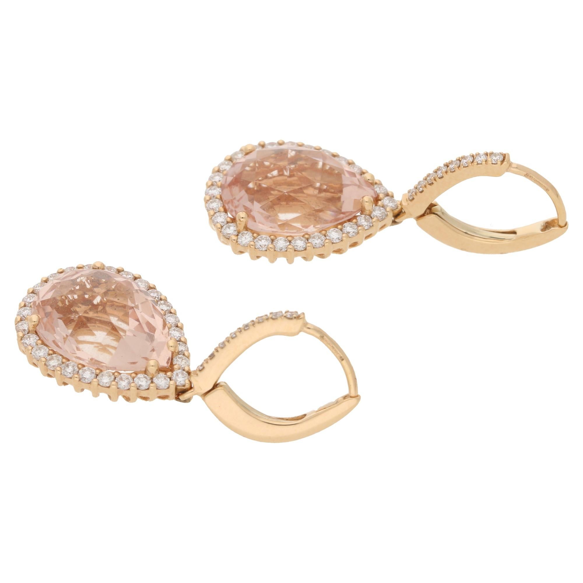 18 Karat Rose Gold Morganite Diamond Drop Earrings In New Condition In London, GB