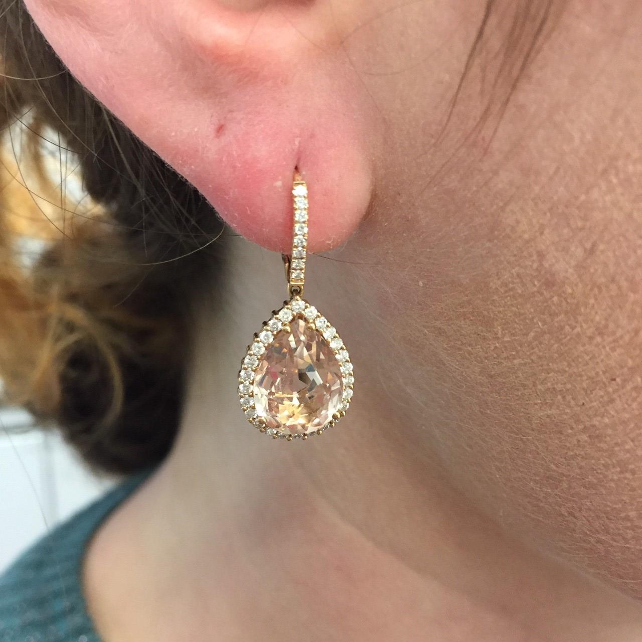 Women's or Men's 18 Karat Rose Gold Morganite Diamond Drop Earrings