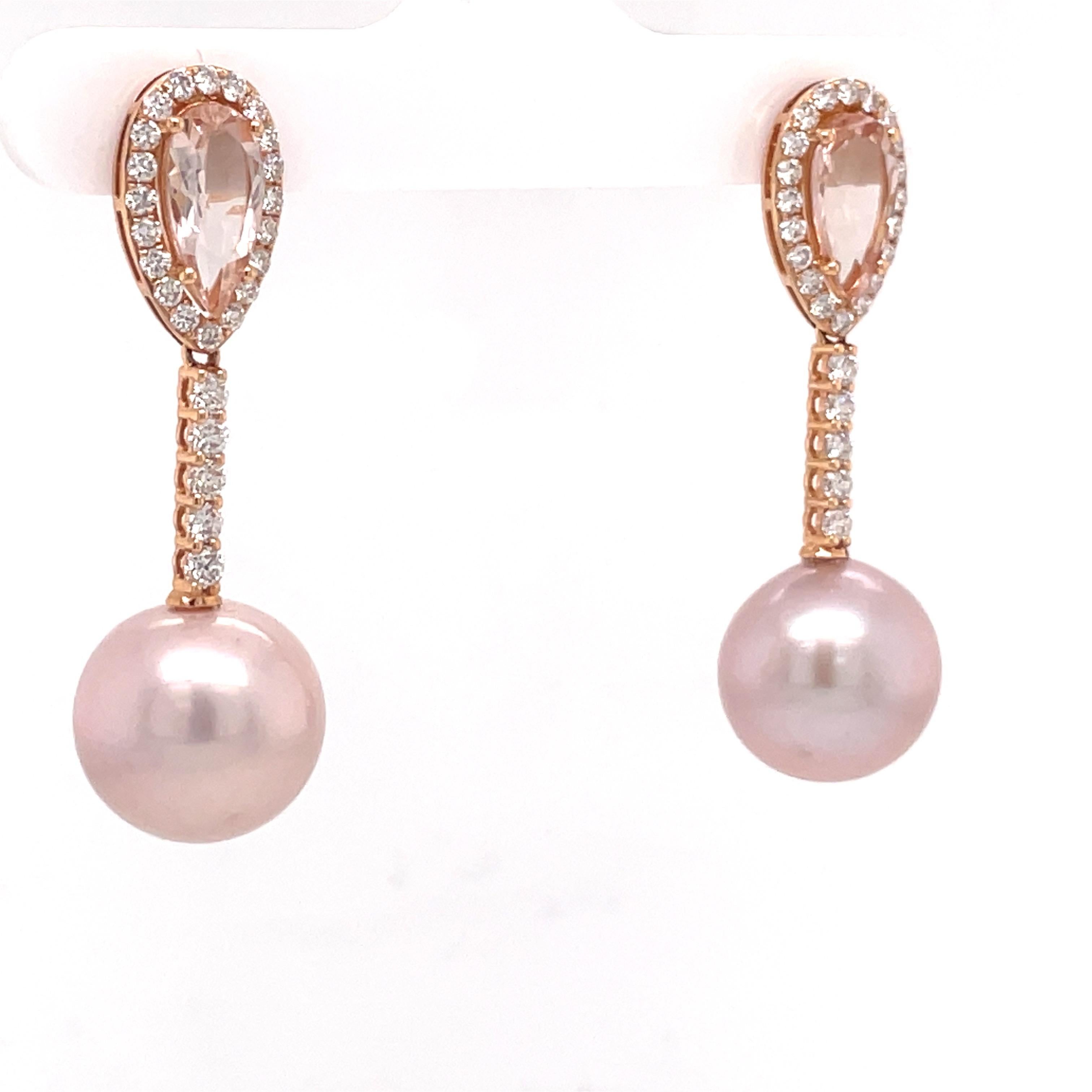 Pear Cut 18 Karat Rose Gold Morganite Diamond Pearl Drop Earrings 2.80 Carats For Sale