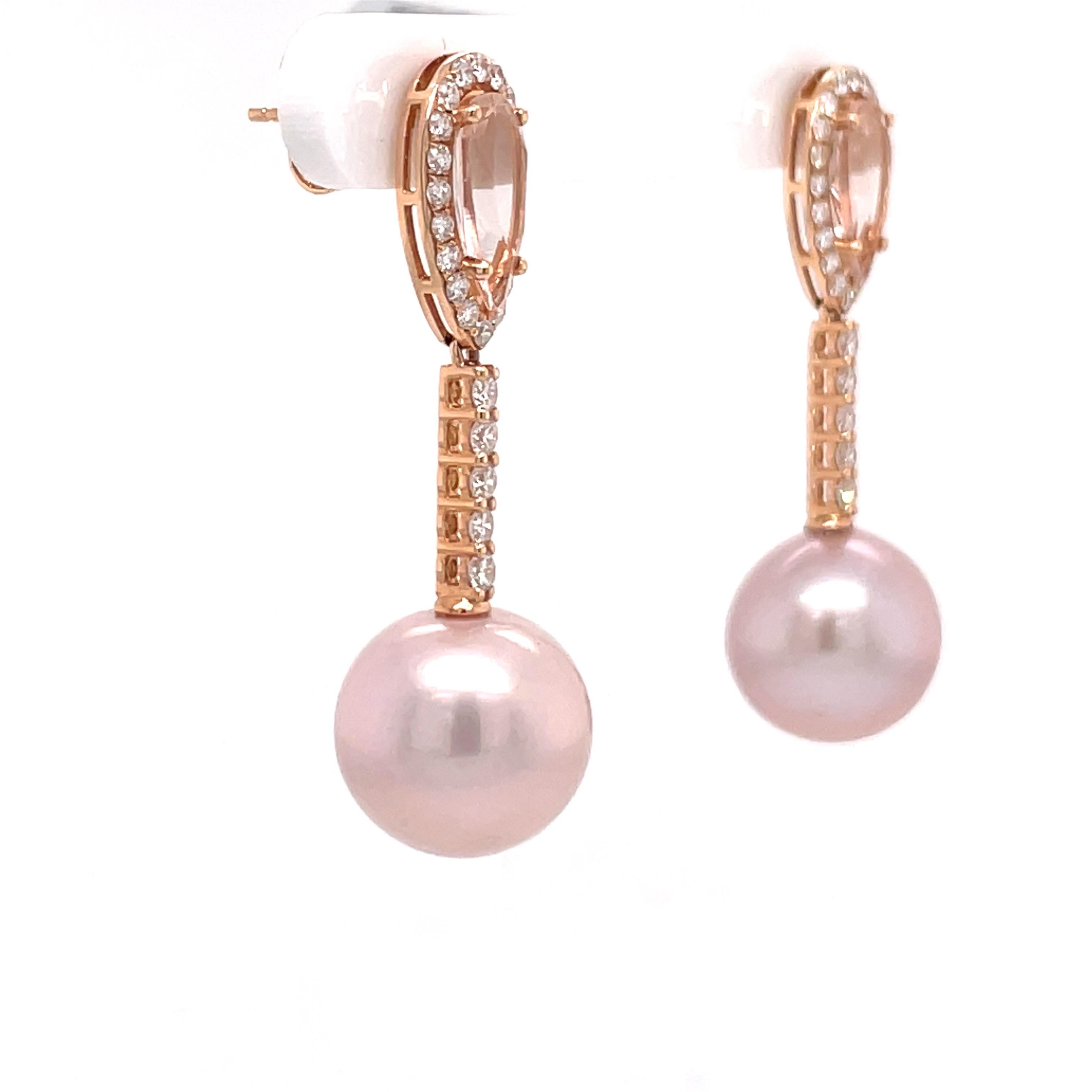 18 Karat Rose Gold Morganite Diamond Pearl Drop Earrings 2.80 Carats In New Condition For Sale In New York, NY