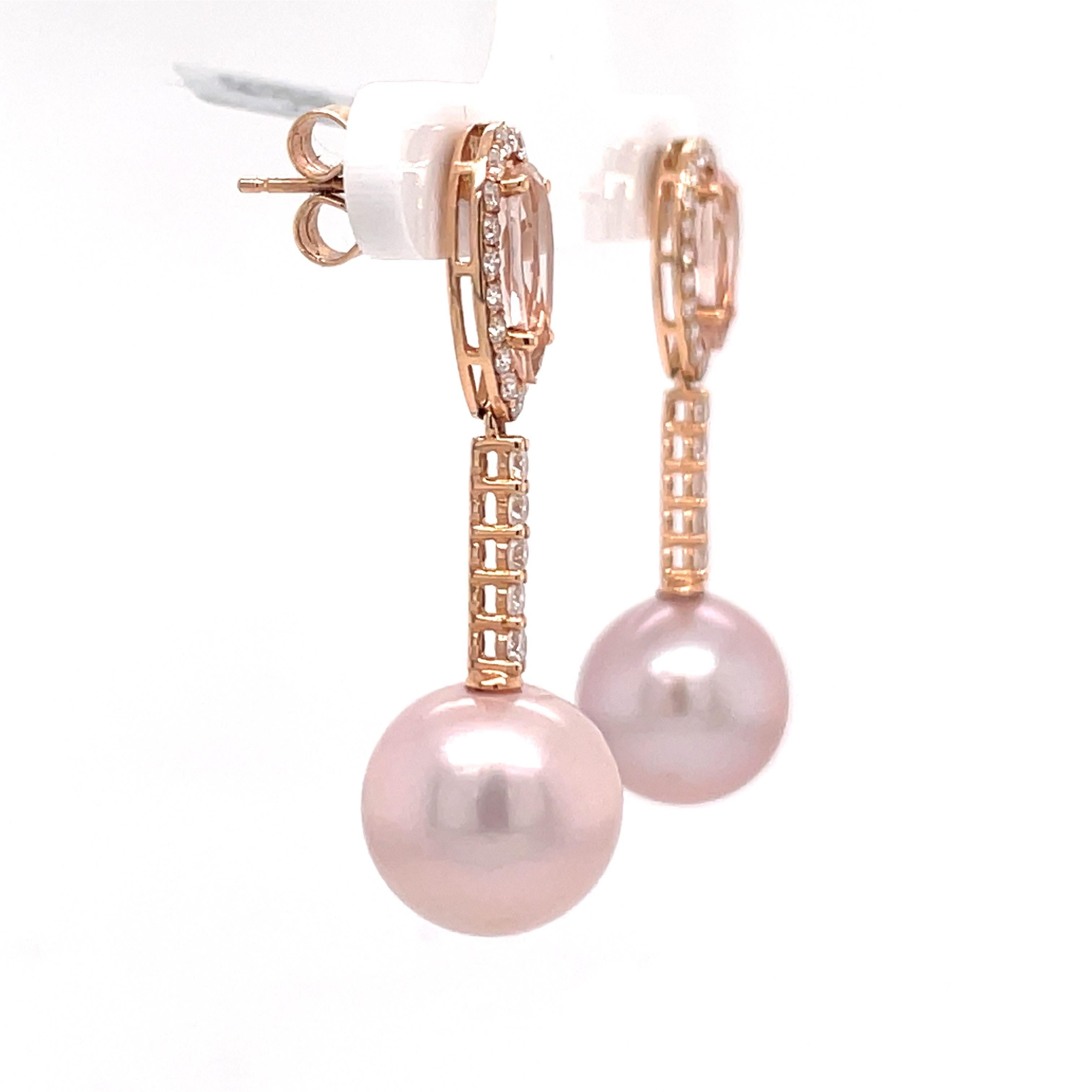 Women's 18 Karat Rose Gold Morganite Diamond Pearl Drop Earrings 2.80 Carats For Sale