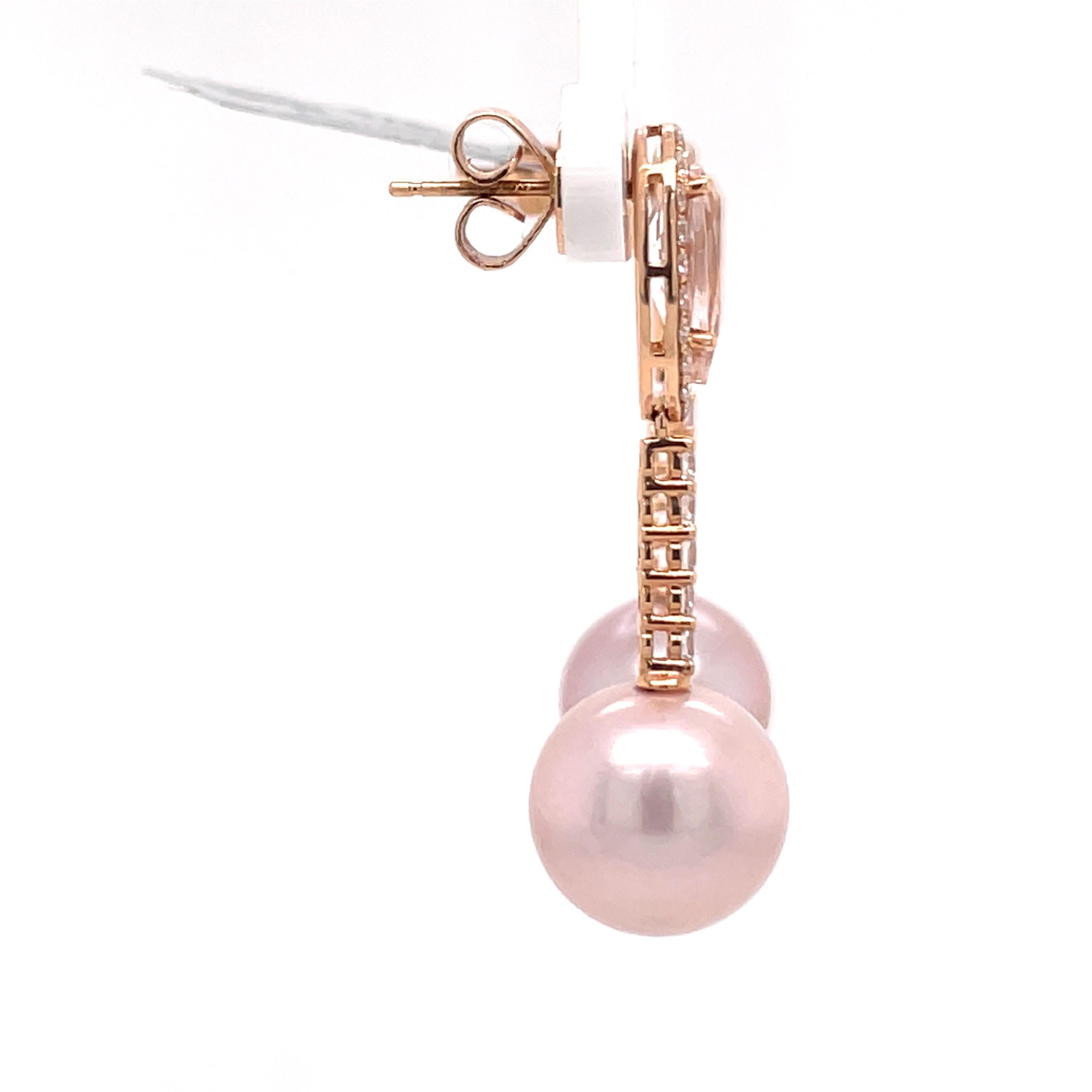 18 Karat Rose Gold Morganite Diamond Pearl Drop Earrings 2.80 Carats For Sale 1