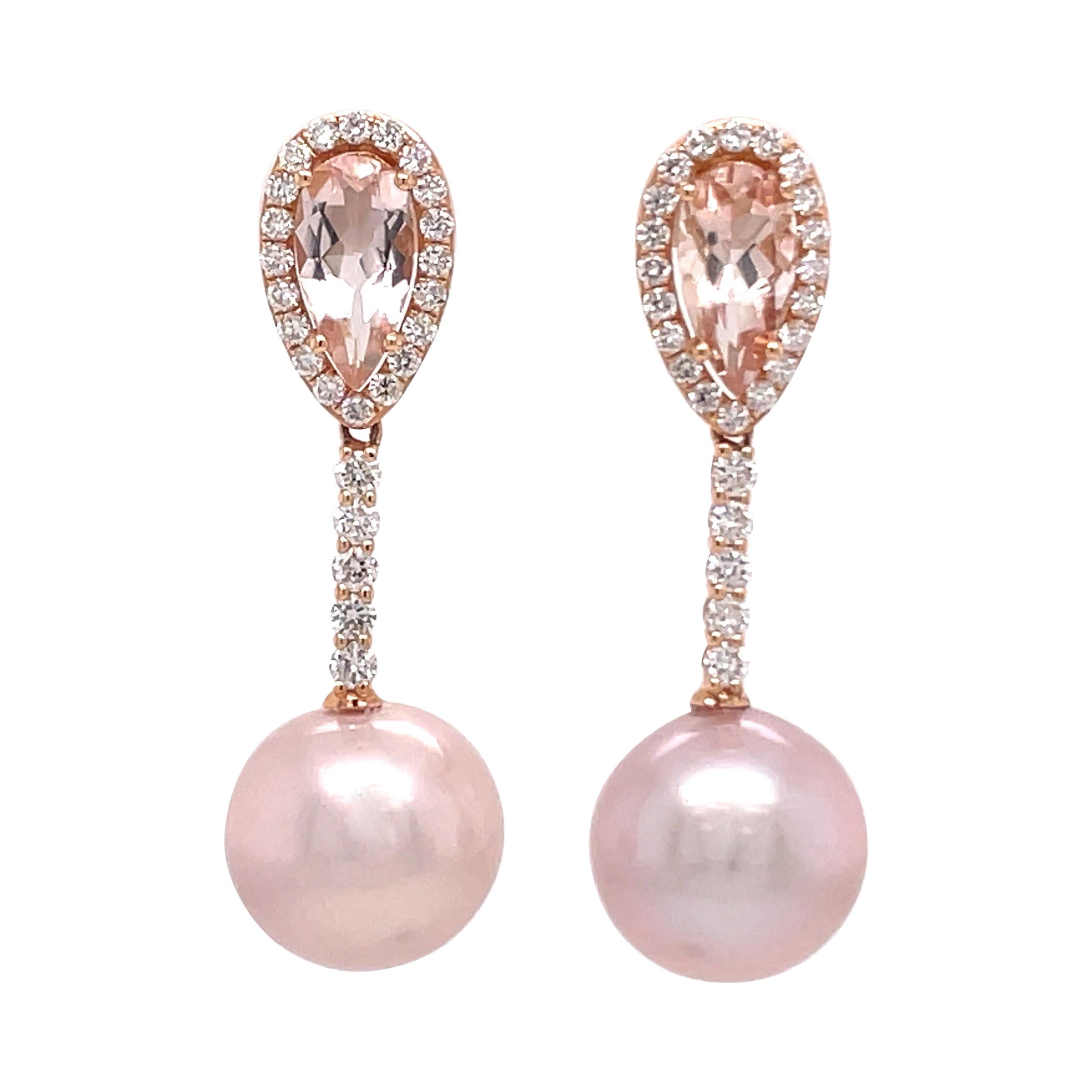 18 Karat Rose Gold Morganite Diamond Pearl Drop Earrings 2.80 Carats For Sale