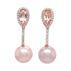 18 Karat Rose Gold Morganite Diamond Pearl Drop Earrings 2.80 Carats