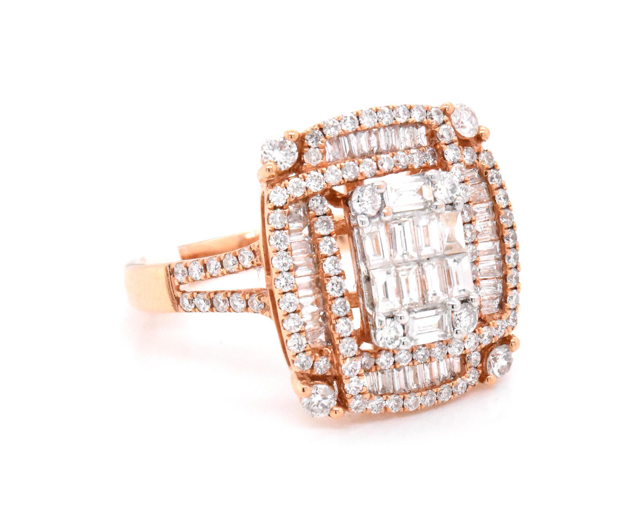 Designer: Custom
Material: 18k rose gold
Diamonds: 144 round cut = 1.34cttw 
Color: G
Clarity: VS
Size: 7
Dimensions: ring measures 16.7mm wide
Weight: 5.34 grams
