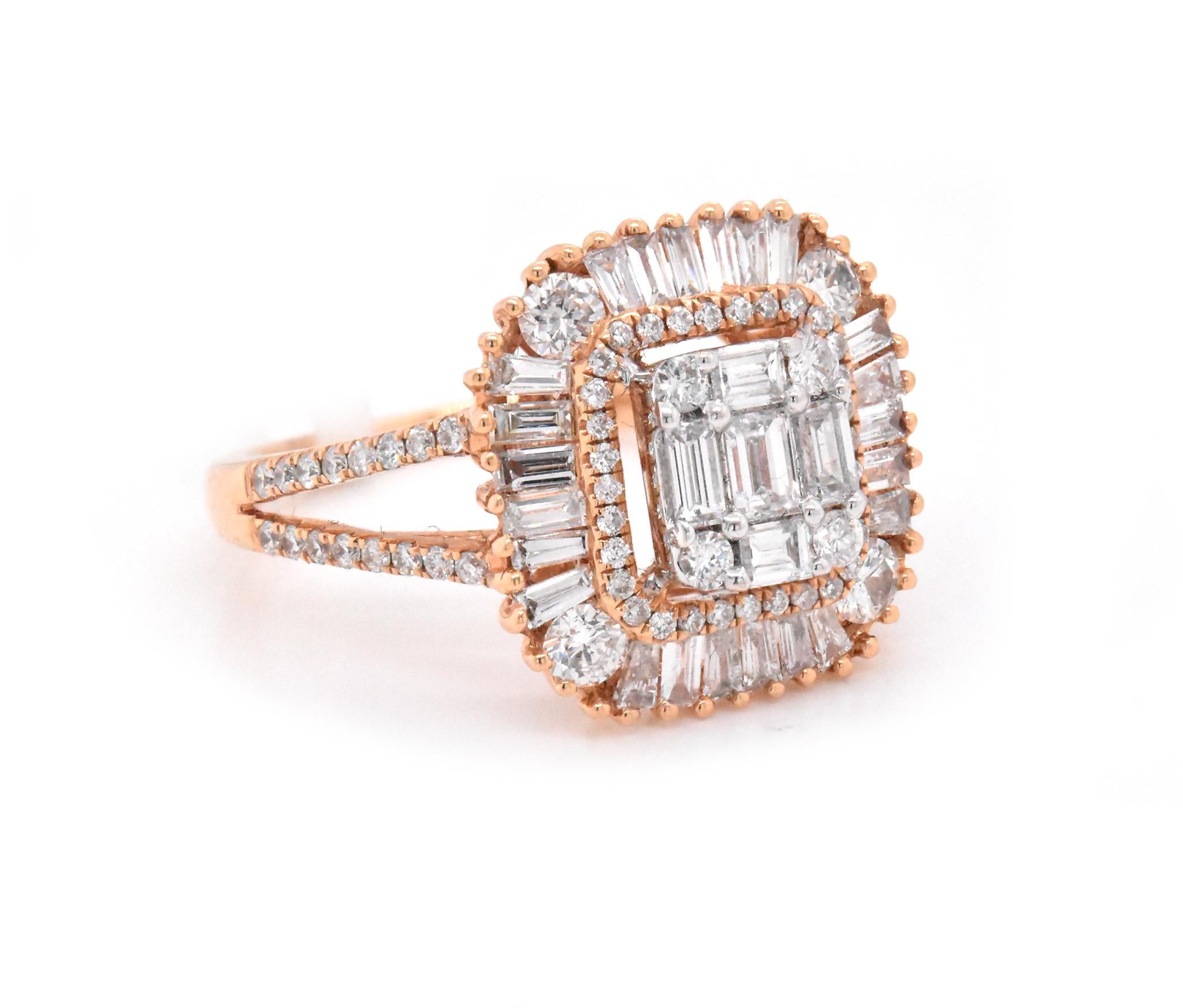 Material: 18K rose gold
Center Diamond: 101 round and baguette cut = 1.38cttw
Color: G
Clarity: VS
Ring Size: 7 (please allow up to 2 additional business days for sizing requests)
Dimensions: ring shank measures 1.57mm
Weight: 4.3 grams

