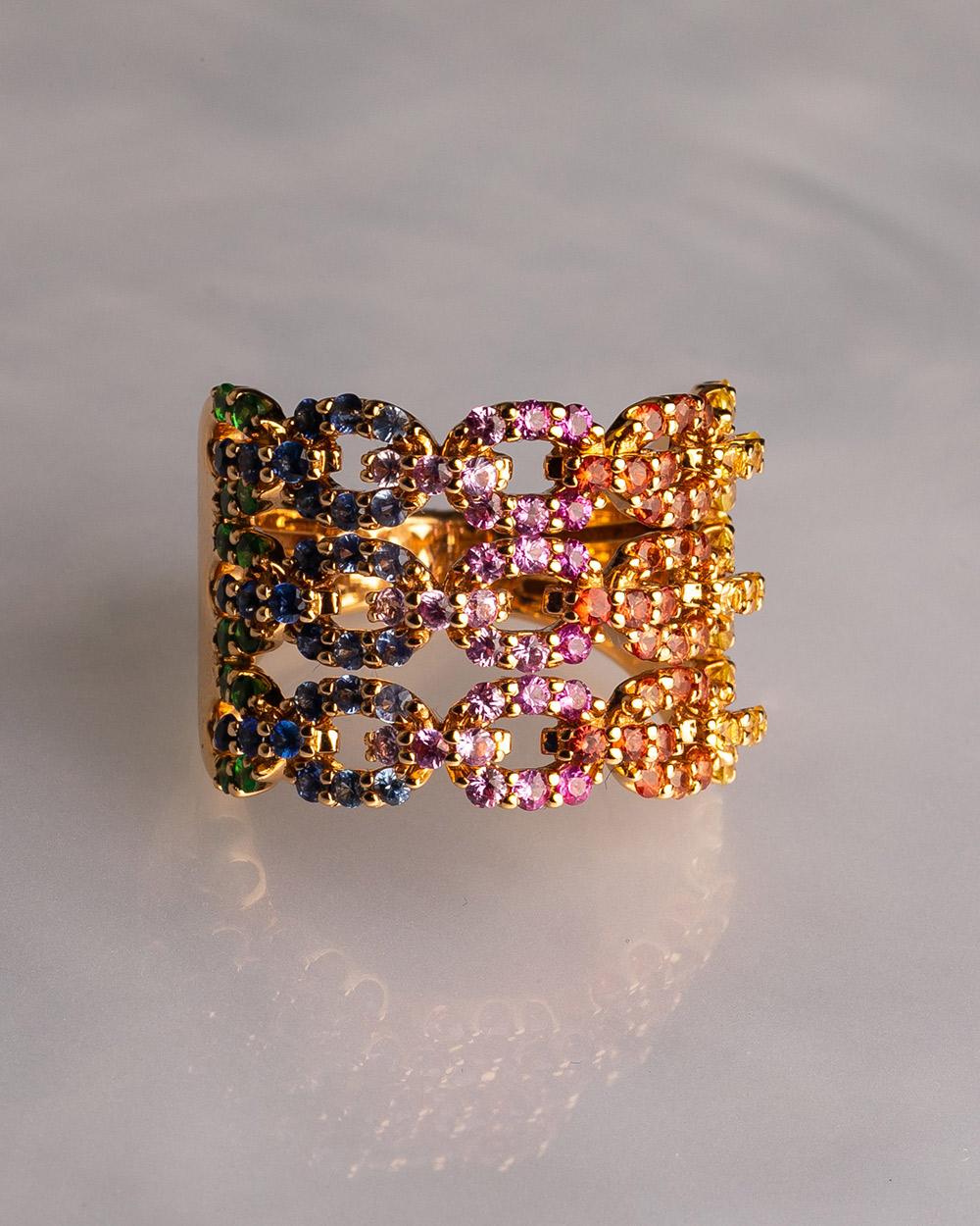 18 Karat Rose Gold Multi-Color Sapphire Diamond Band Ring For Sale 12