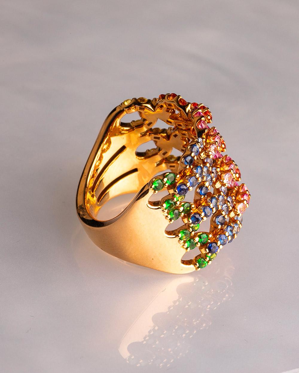 18 Karat Rose Gold Multi-Color Sapphire Diamond Band Ring For Sale 13