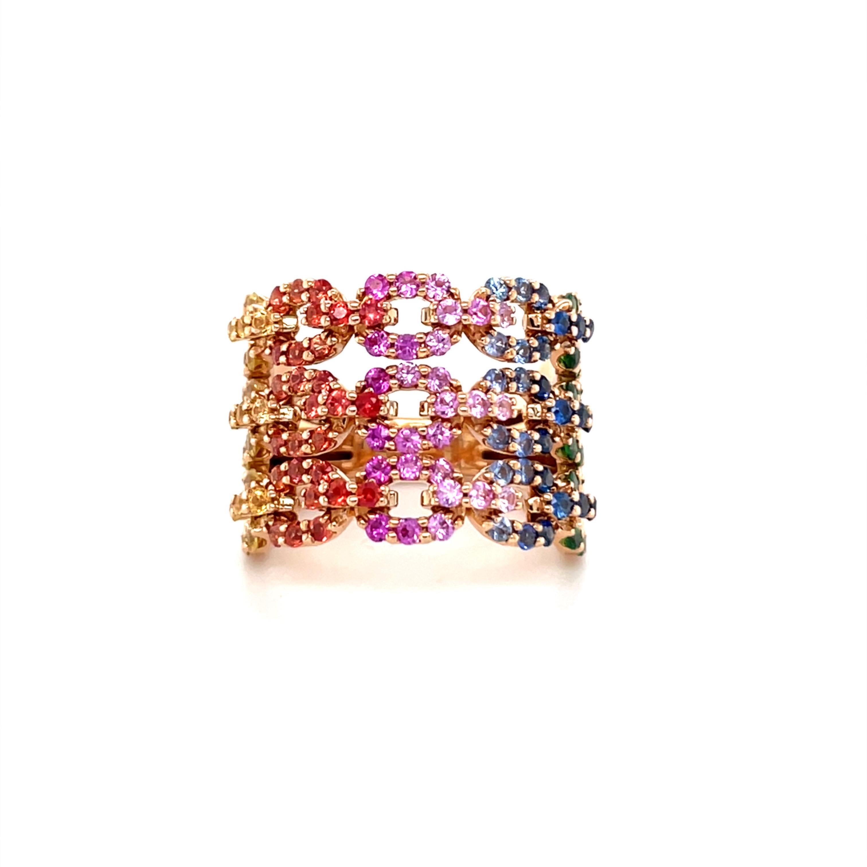 18 Karat Rose Gold Multi-Color Sapphire Diamond Band Ring For Sale 1