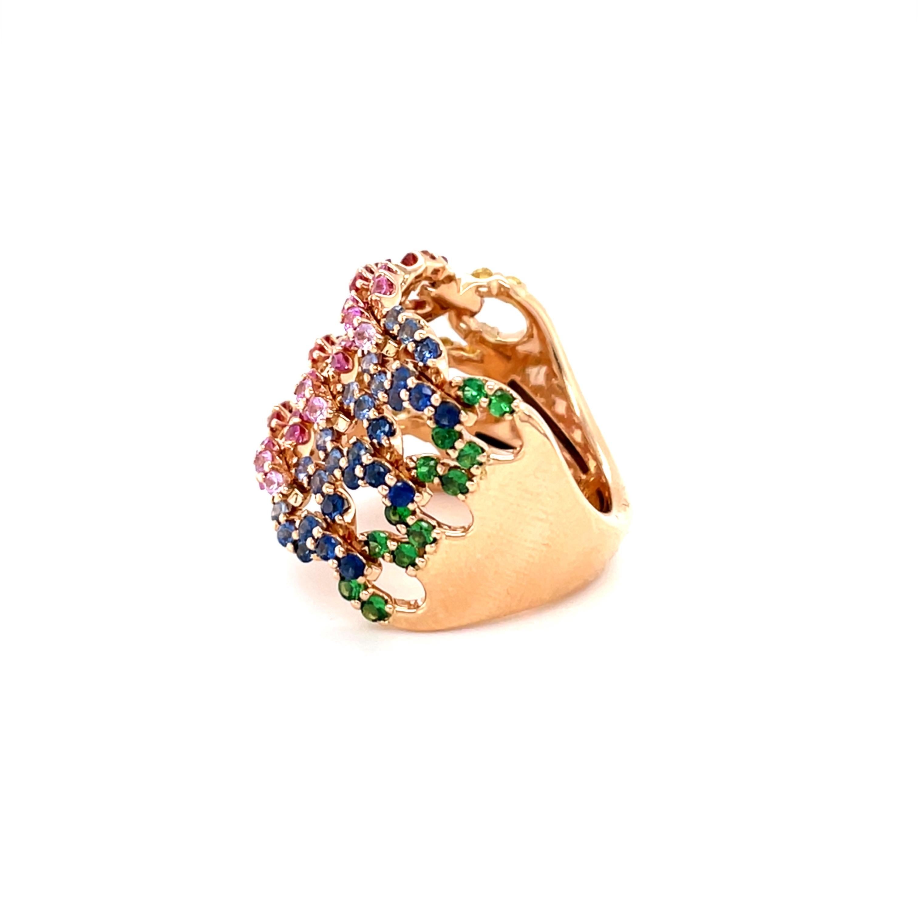 18 Karat Rose Gold Multi-Color Sapphire Diamond Band Ring For Sale 2