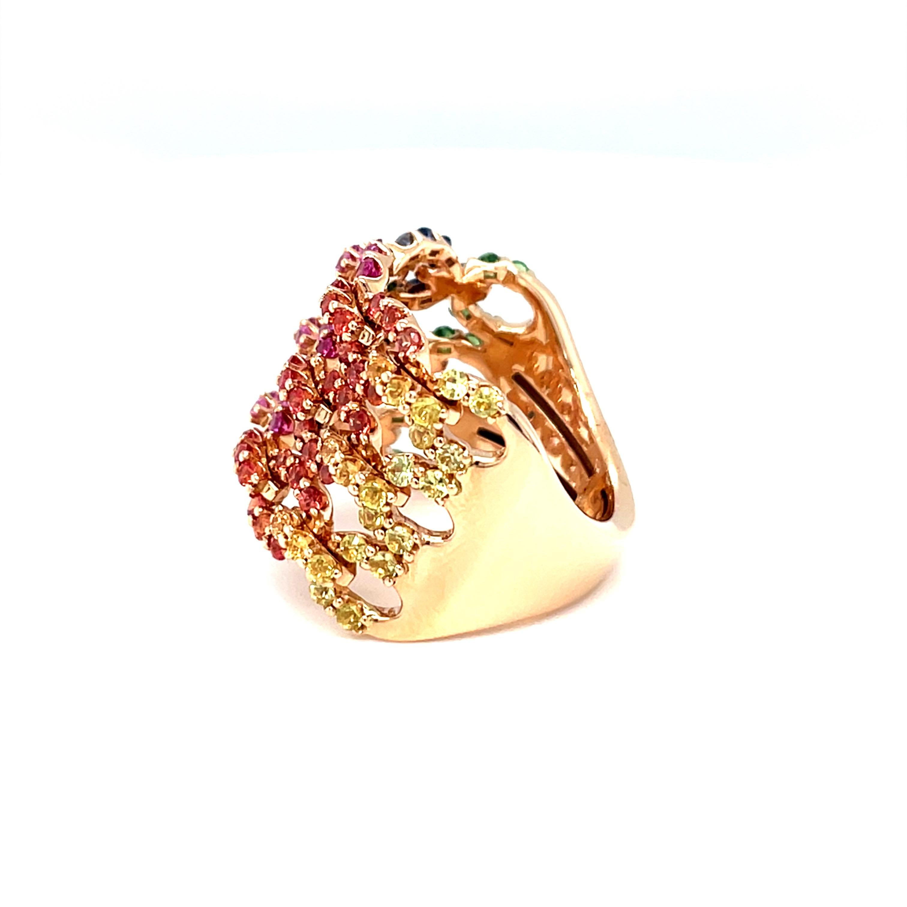 18 Karat Rose Gold Multi-Color Sapphire Diamond Band Ring For Sale 6