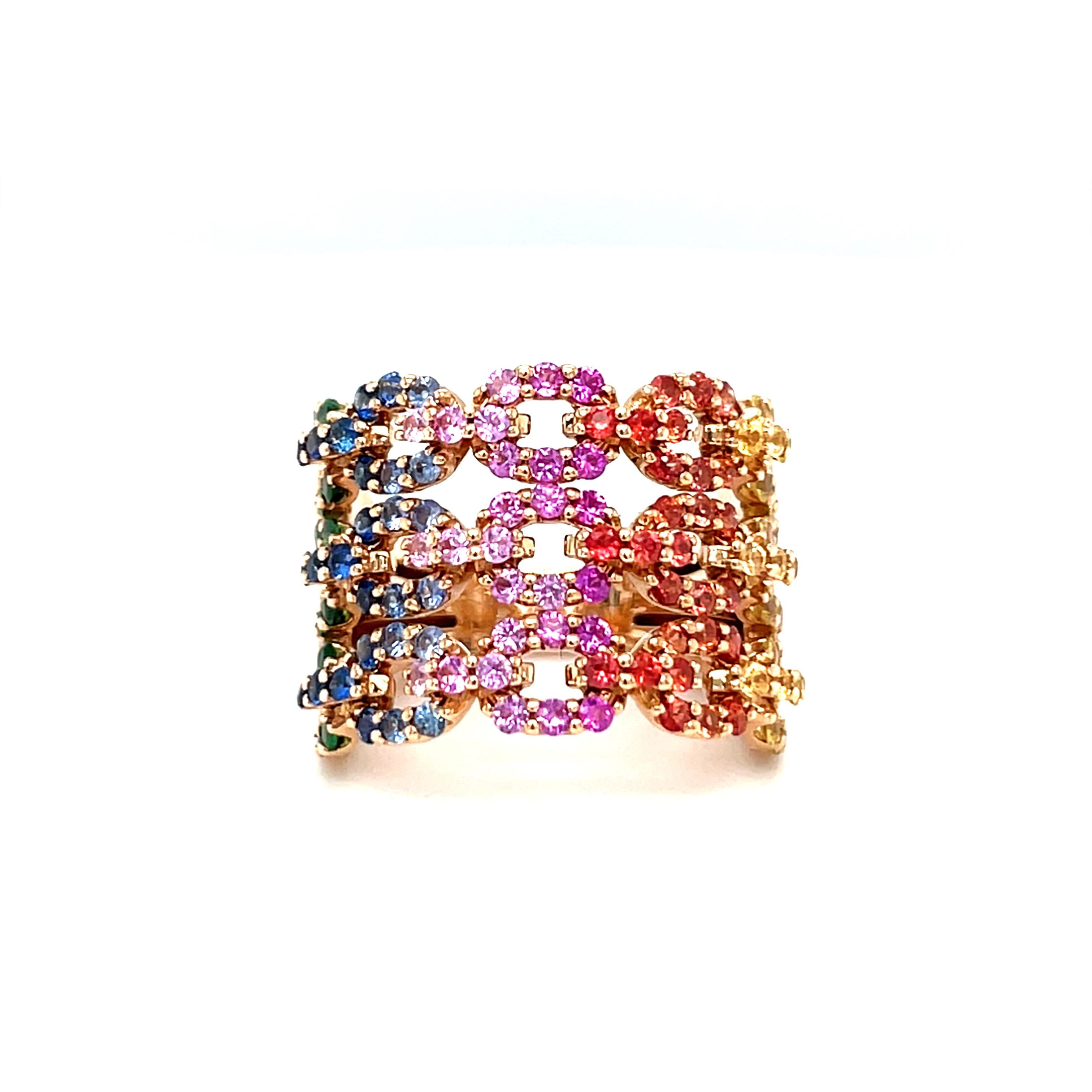 18 Karat Rose Gold Multi-Color Sapphire Diamond Band Ring For Sale 7