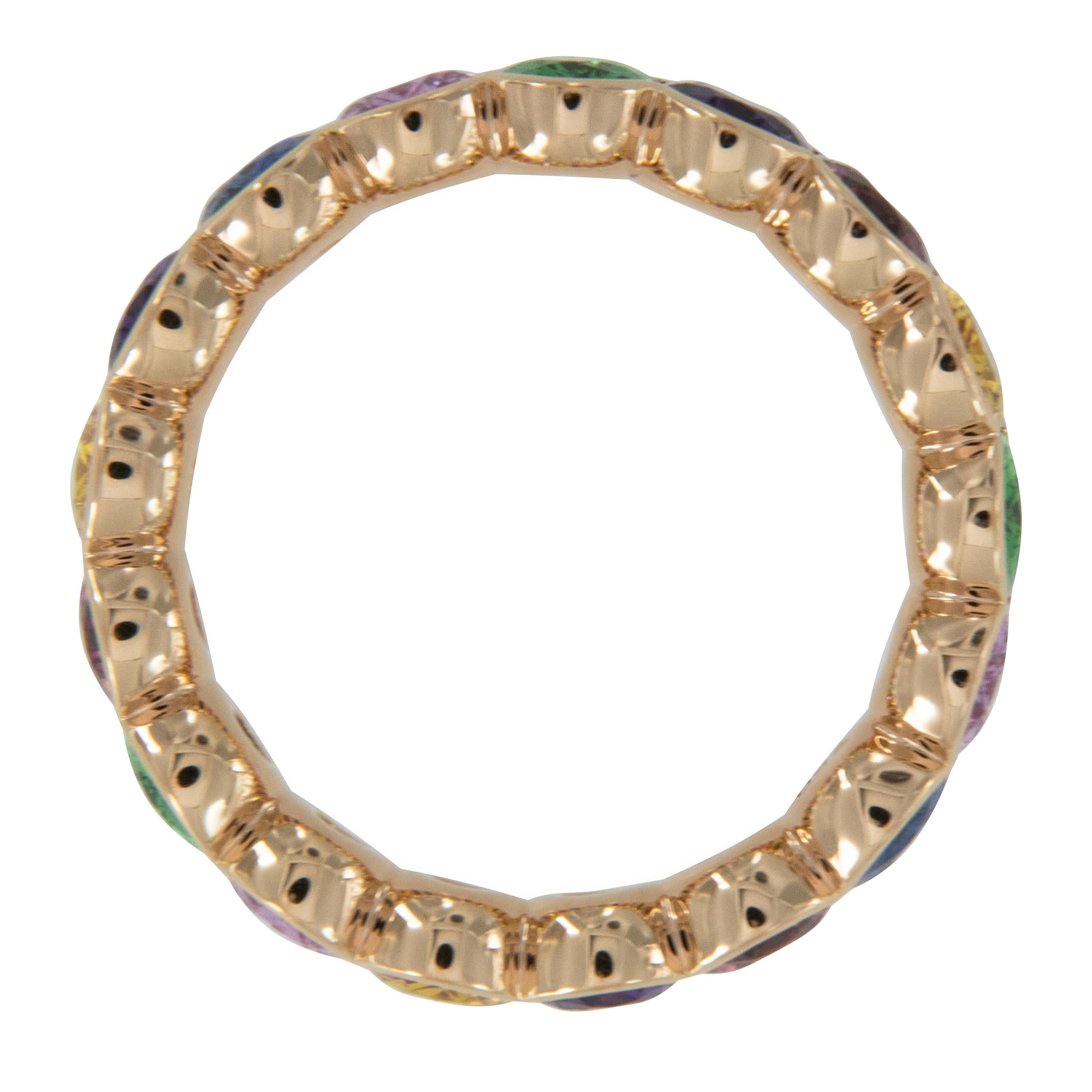 Contemporary 18 Karat Rose Gold Multicolored Sapphire, Tsavorite and Rubelite Eternity Ring For Sale