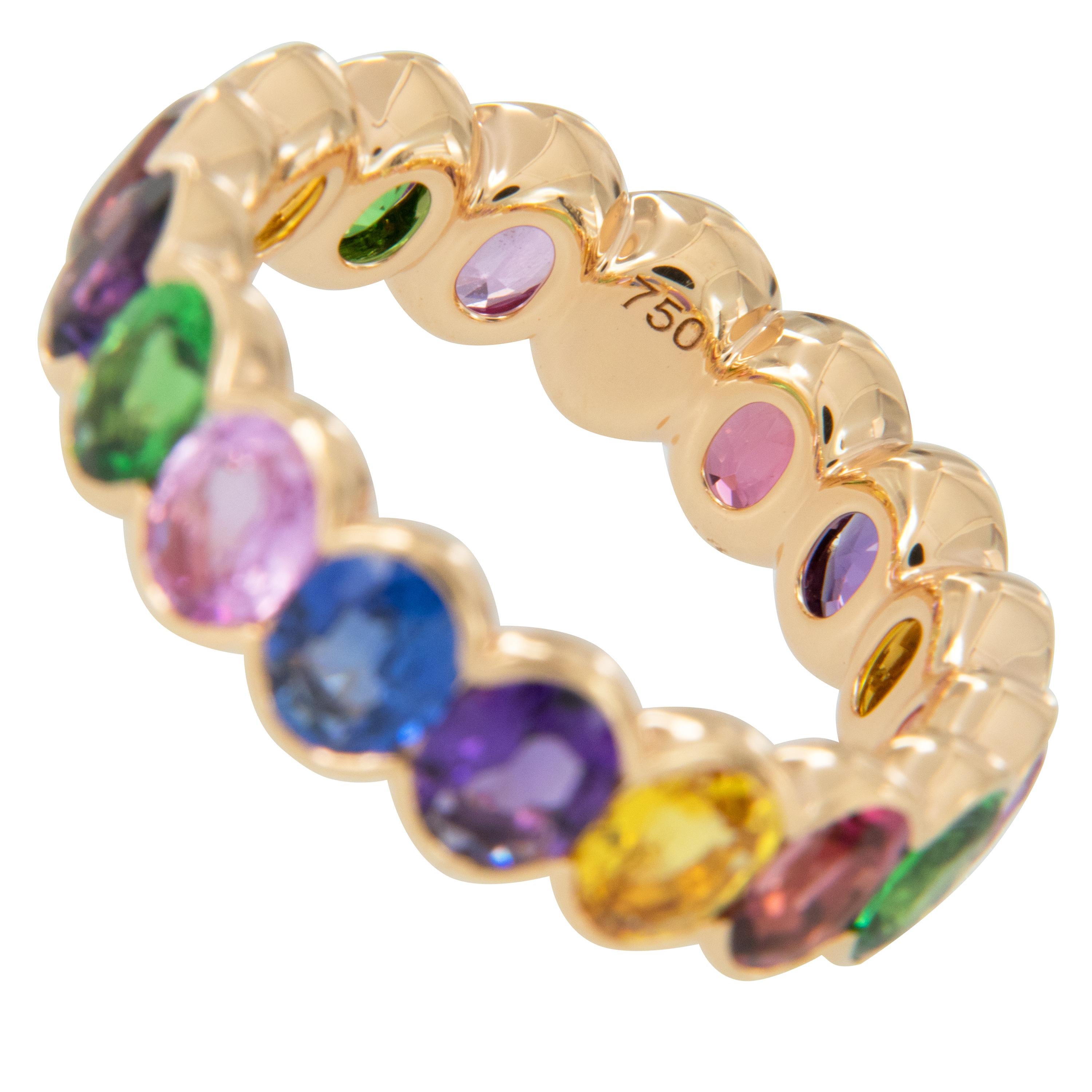 Oval Cut 18 Karat Rose Gold Multicolored Sapphire, Tsavorite and Rubelite Eternity Ring For Sale