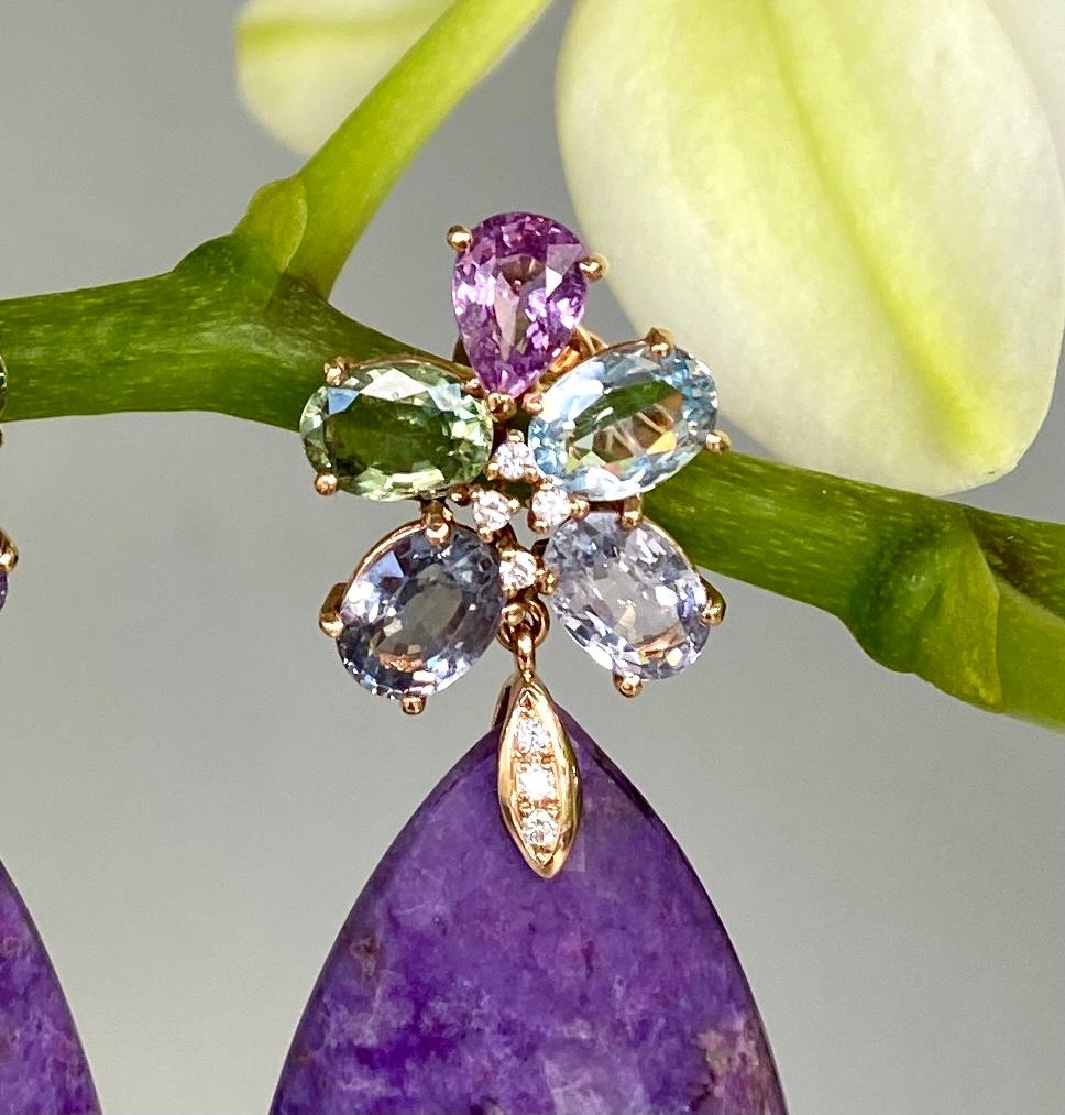 Contemporary 18 Karat Rose Gold Multi Sapphire Rose Cut Sugilite Diamond Drop Dangle Earrings For Sale