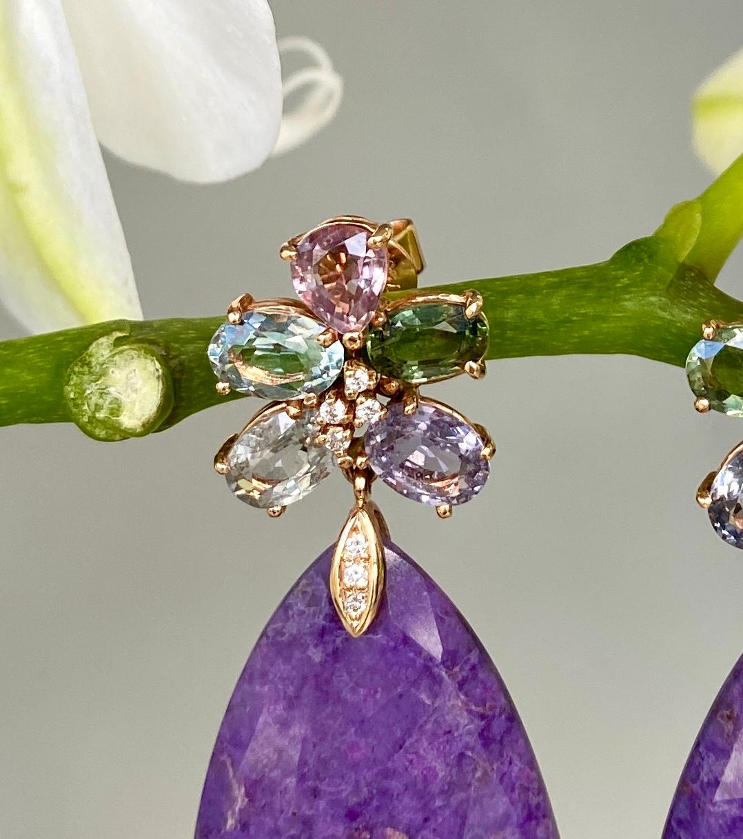 Mixed Cut 18 Karat Rose Gold Multi Sapphire Rose Cut Sugilite Diamond Drop Dangle Earrings For Sale