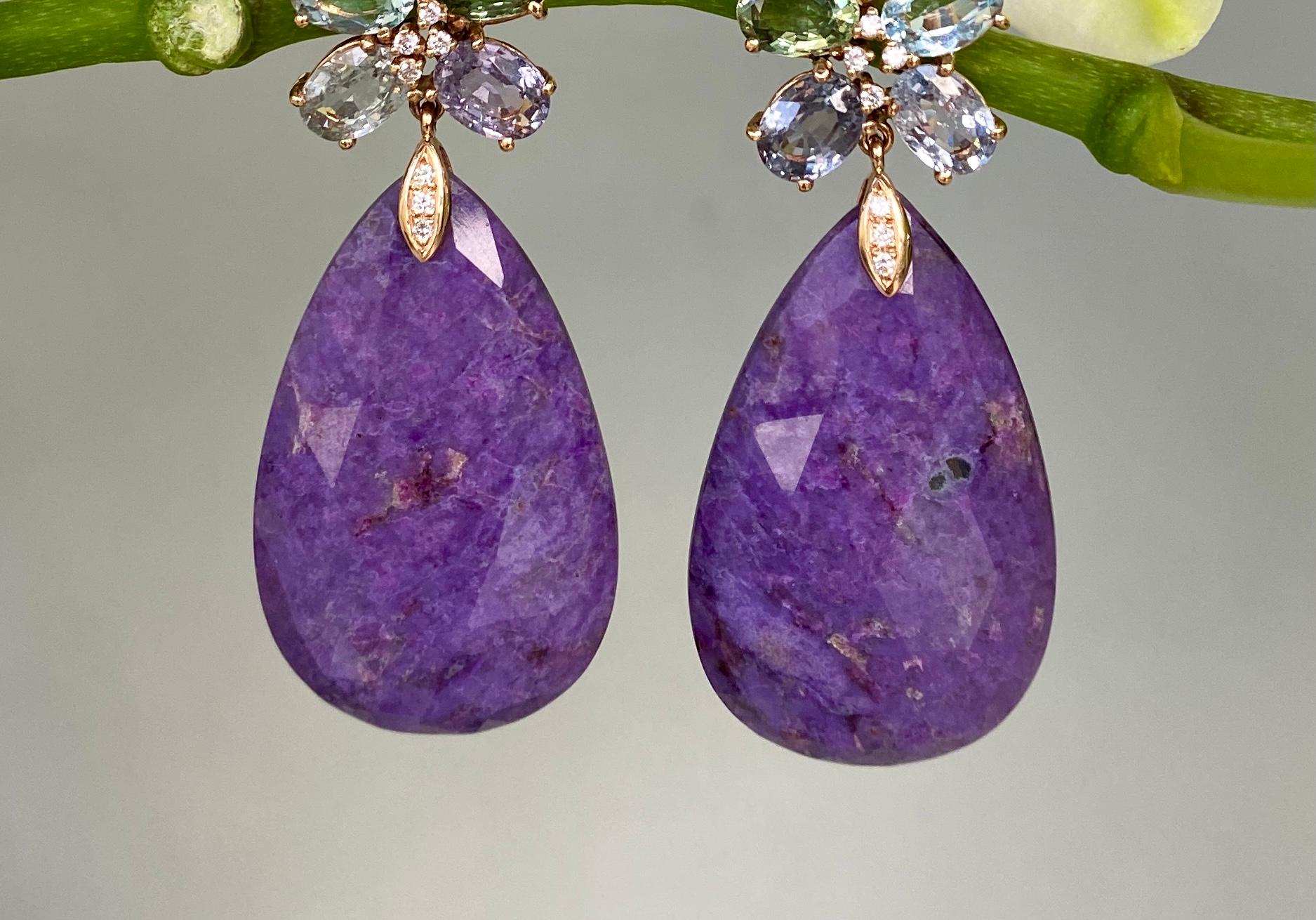 Pendants d'oreilles en or rose 18 carats avec saphirs multiples et diamants taille rose en sugilite Pour femmes en vente