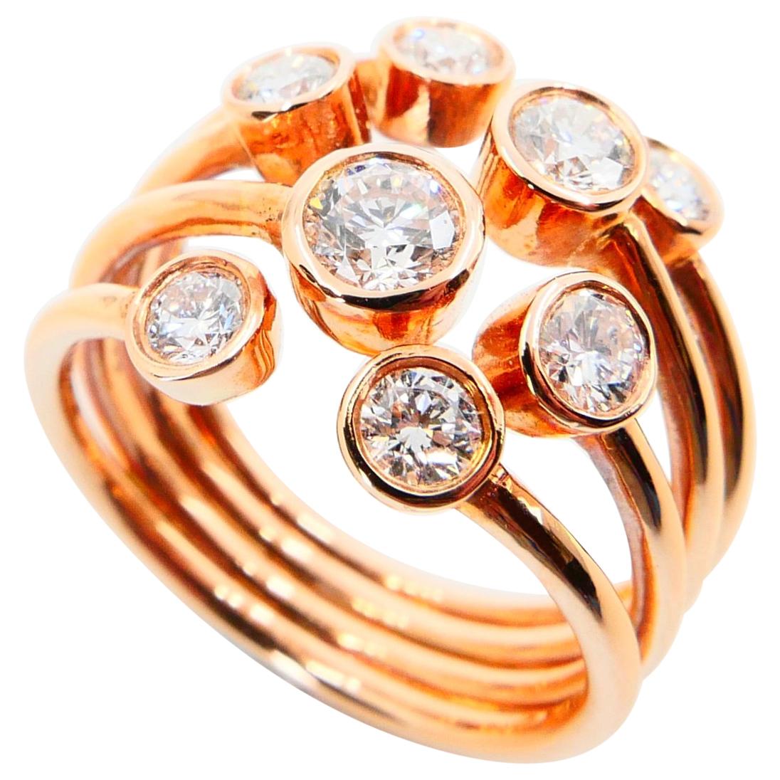 18k Rose Gold Multi-Stone Round Brilliant Diamond cocktail Ring. 1.08 CTW For Sale