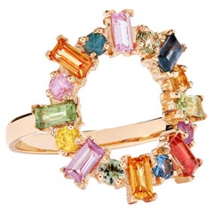 18 Karat Rose Gold Multicolor Baguette and Round Sapphire Ring