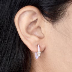 18 Karat Rose Gold Natural Oval Diamonds Lavender Enamel Hoop Earrings