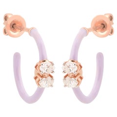 18 Karat Rose Gold Natural Oval Diamonds Lavender Enamel Hoop Earrings