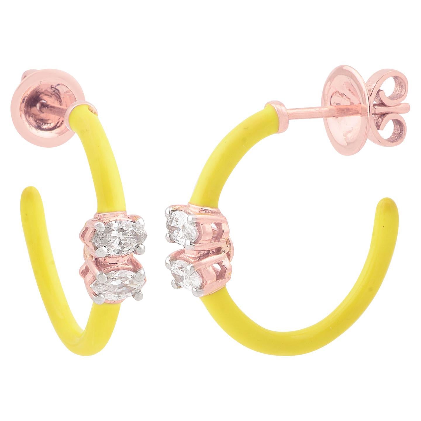 18 Karat Rose Gold Natural Oval Diamonds Neon Enamel Hoop Earrings