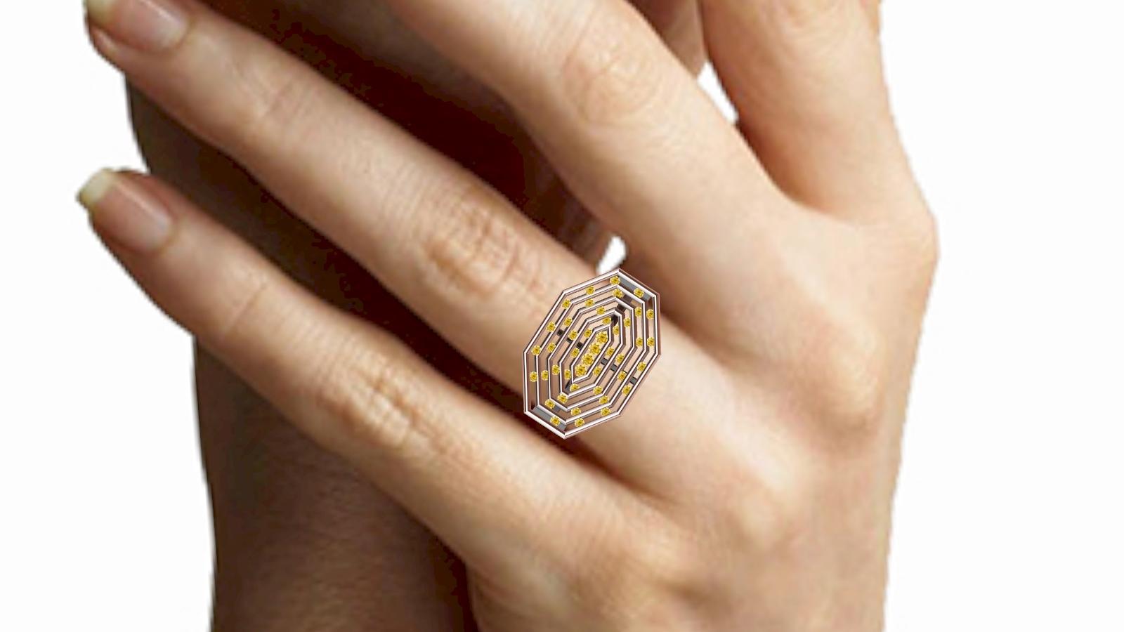 For Sale:  18 Karat Rose Gold Natural Yellow Diamonds Octagonal Sculpture Ring 2