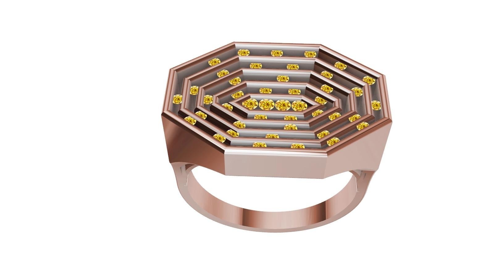 For Sale:  18 Karat Rose Gold Natural Yellow Diamonds Octagonal Sculpture Ring 6
