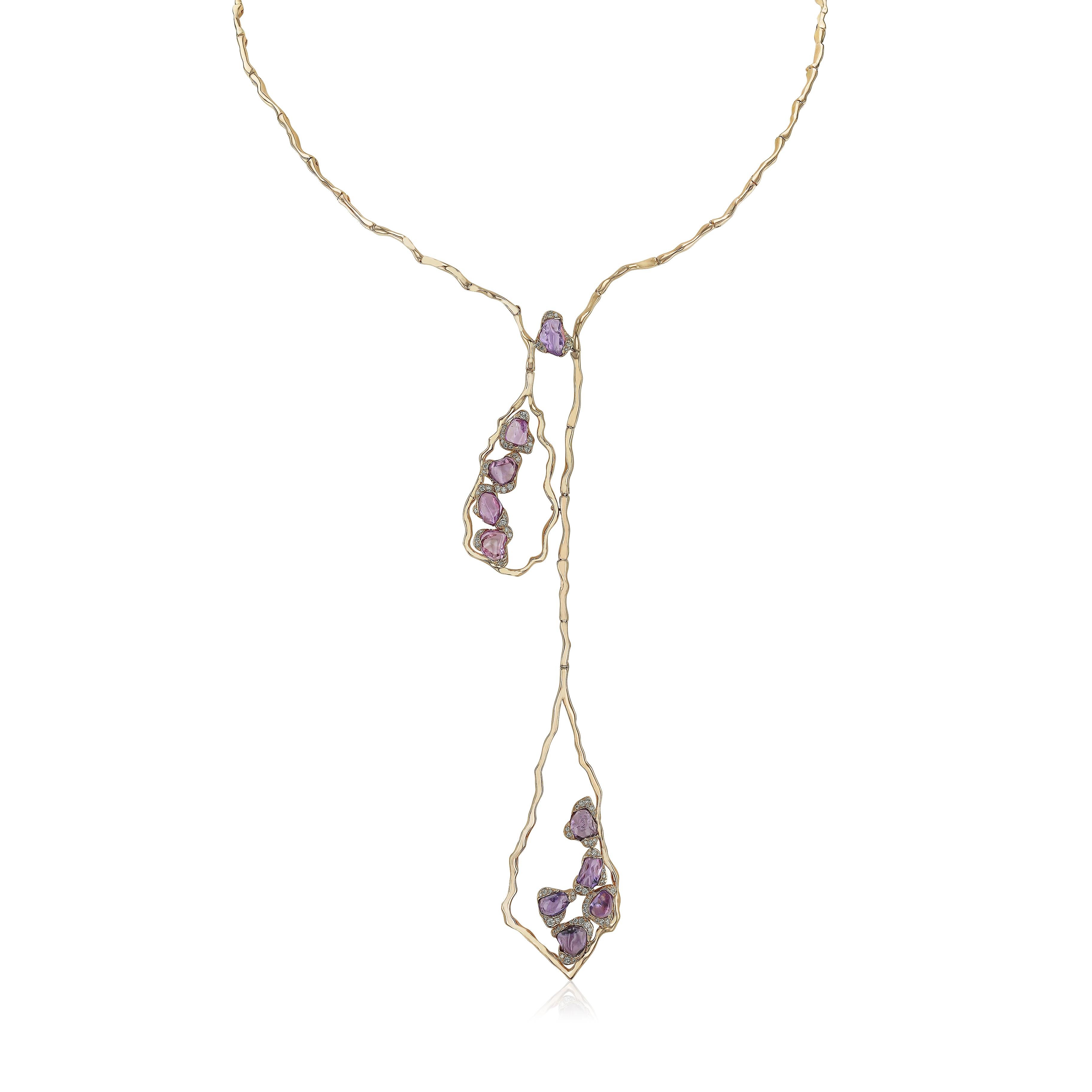 Set in the finest 18-karat rose gold, this asymmetrical necklace is designed in a very natural way showing its organic lines and beauty. It comes with 2 pendants: one big and one small to give an glamorous look for every occasion.   Diamonds(Total
