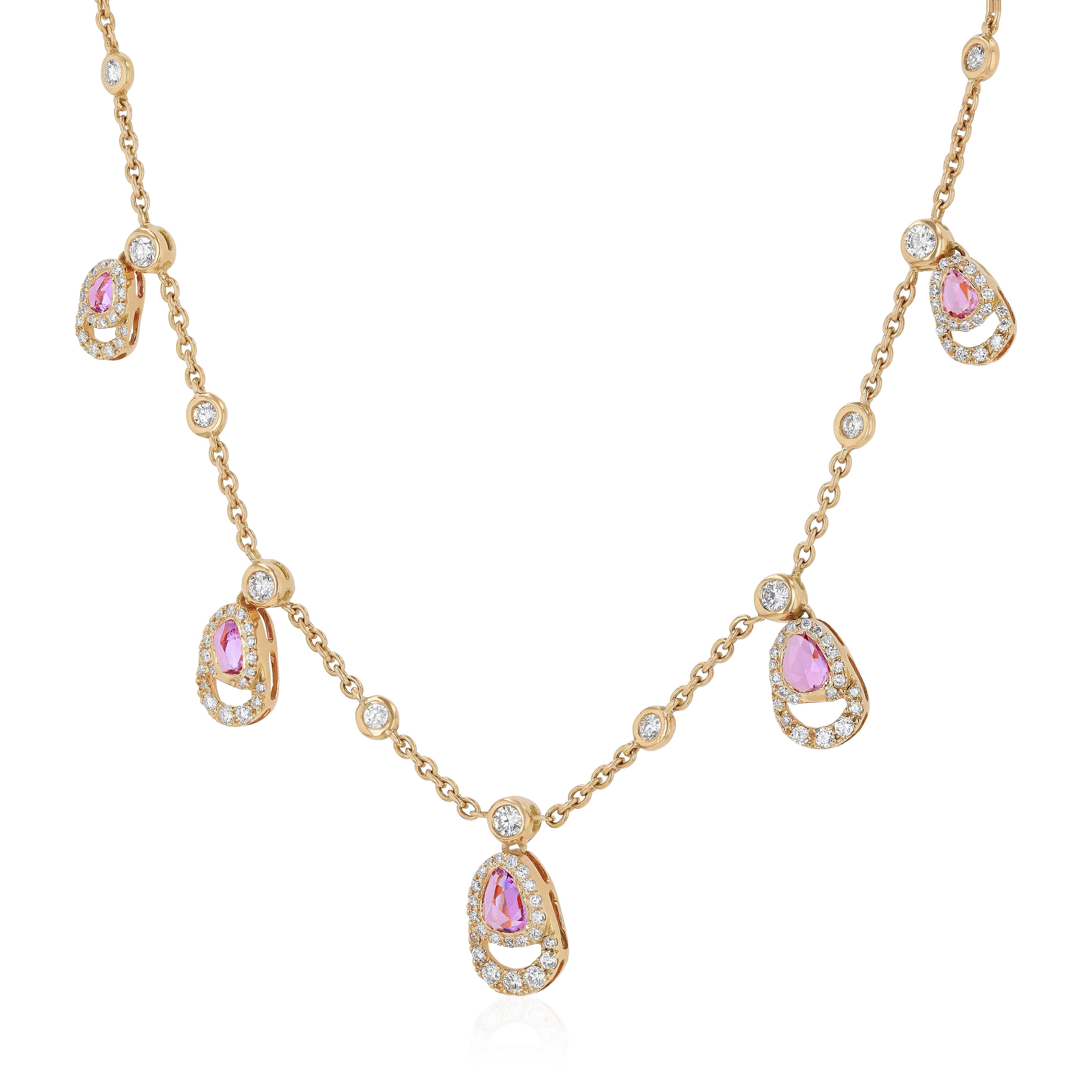 Round Cut 18 Karat Rose Gold Necklace with Pink Sapphires, in Stock For Sale