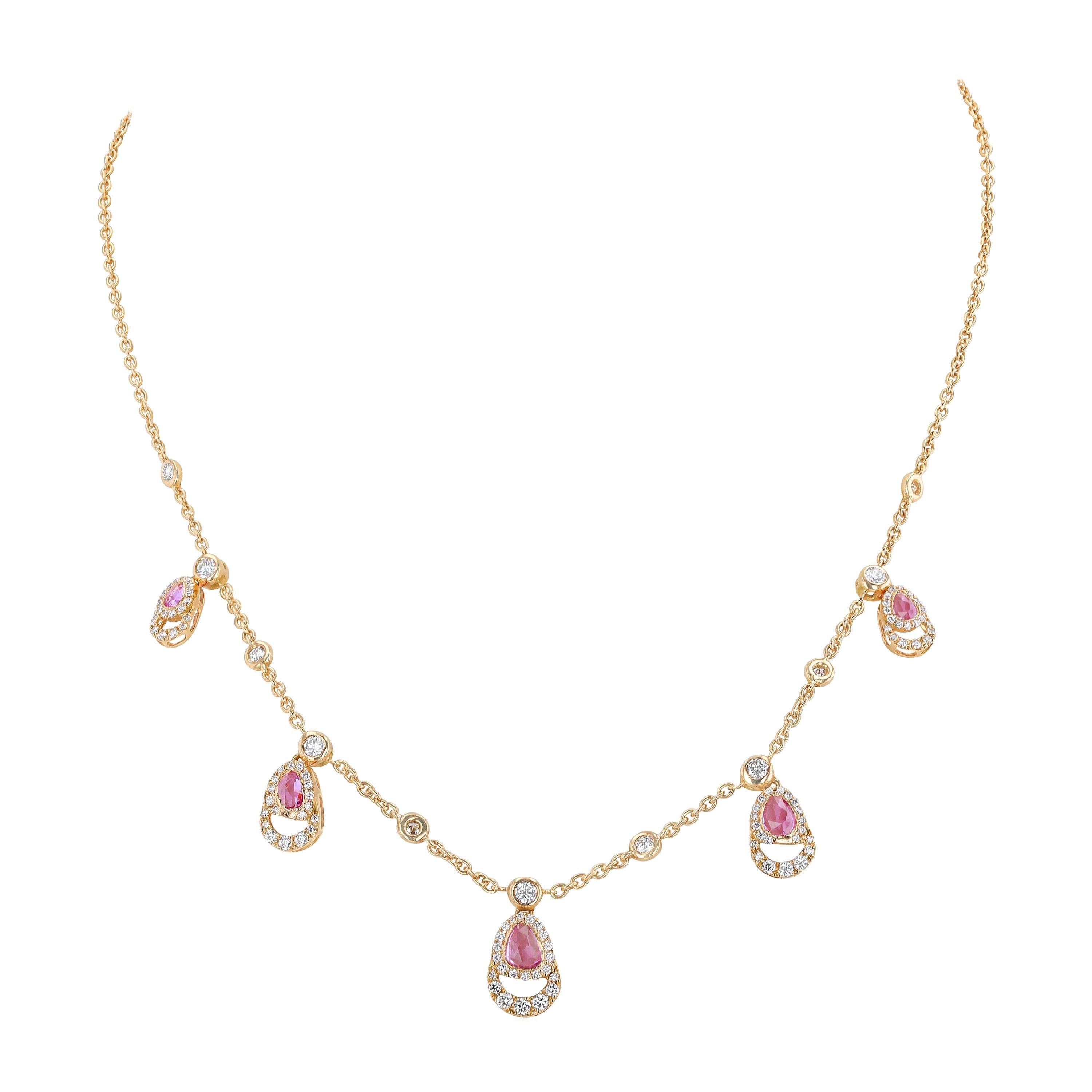 18 Karat Rose Gold Necklace with Pink Sapphires, in Stock