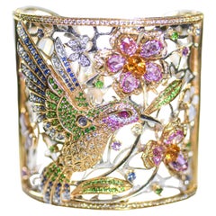 18 Karat Rose Gold One of a Kind Whimsical Hummingbird Wide Cuff Bracelet