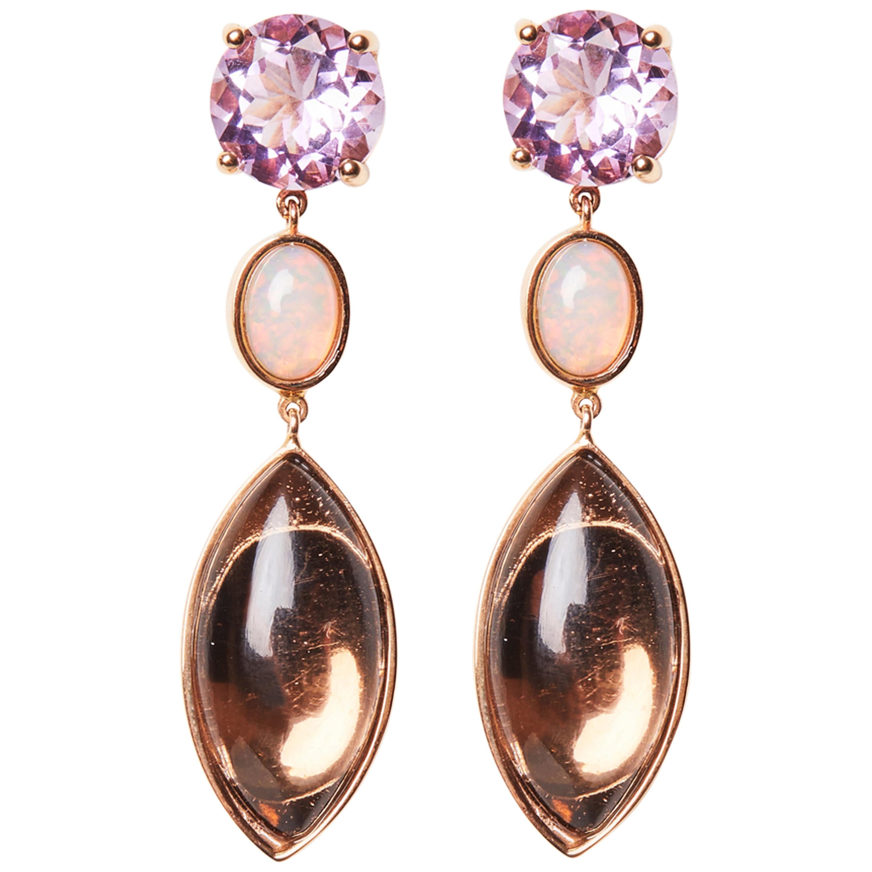 18 Karat Rose Gold Opal Amethyst and Rose Quartz Dangle Earrings