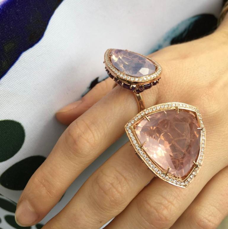 Trillion Cut Rose Quartz Horizon Ring in 18k Rose Gold with Diamond Bezel & Opal Cluster For Sale